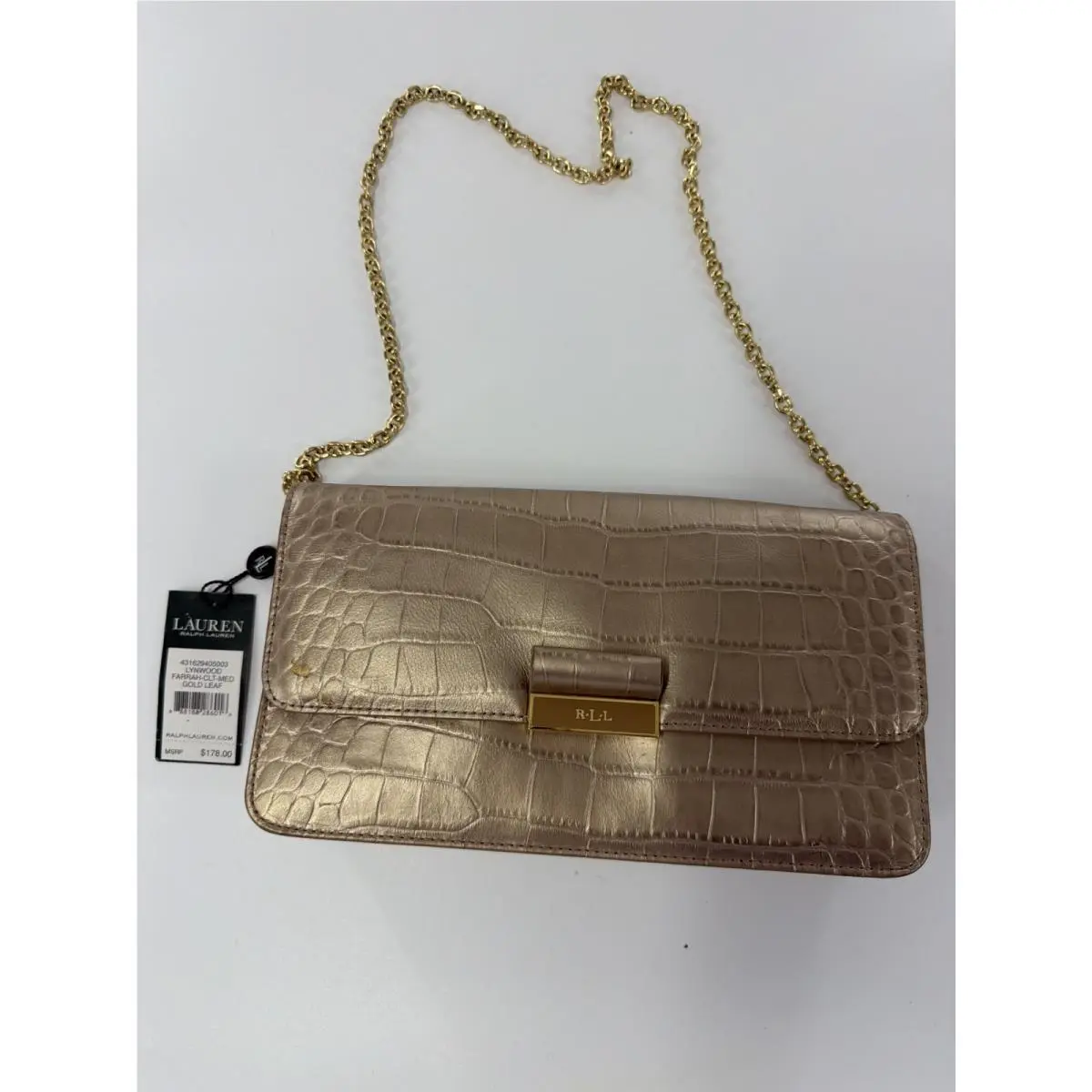 Ralph Lauren Lynwood Farrah Medium Clutch Textured Leather Gold Leaf