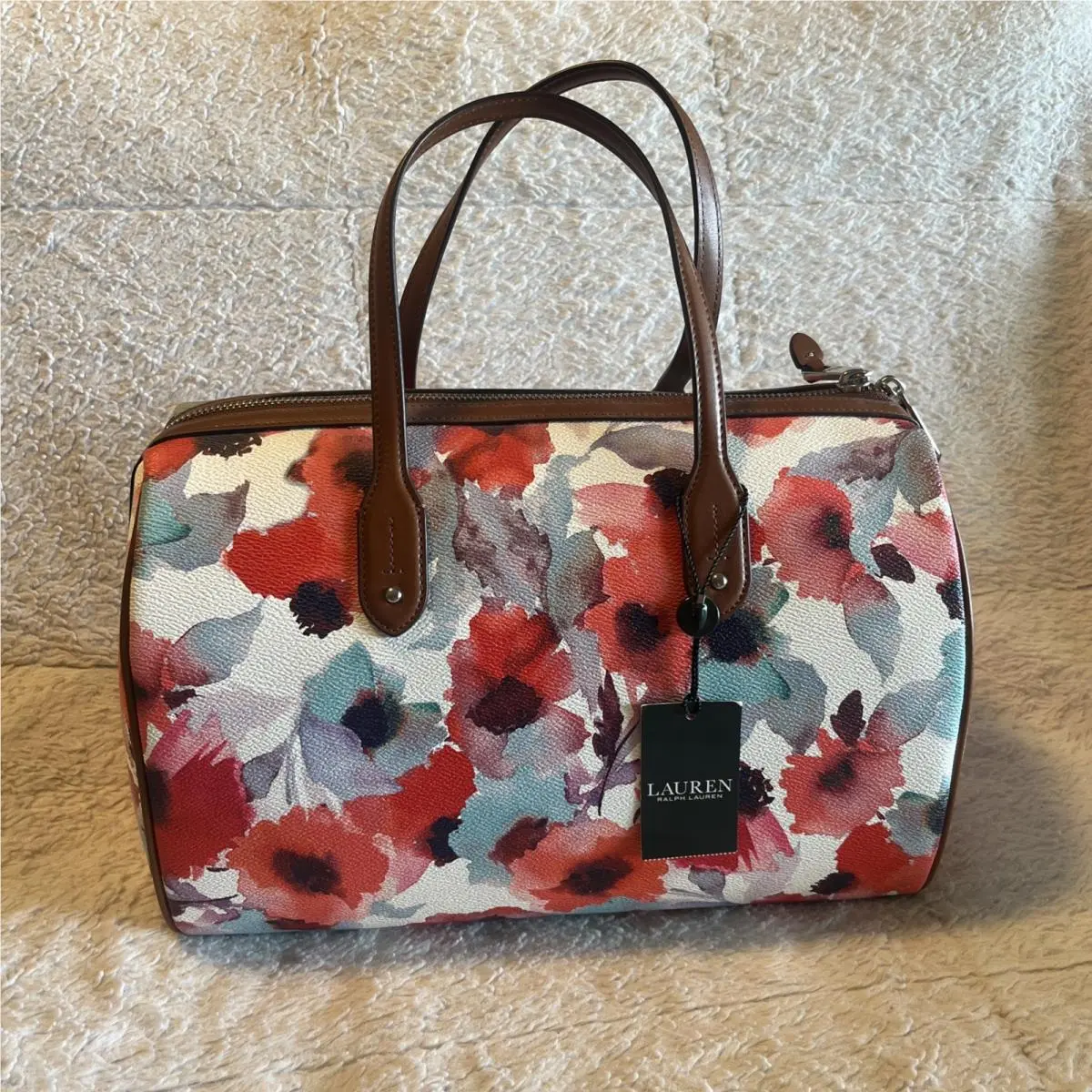Euc Lauren Ralph Lauren “clements” Barrel Floral Satchel Handbag Coral