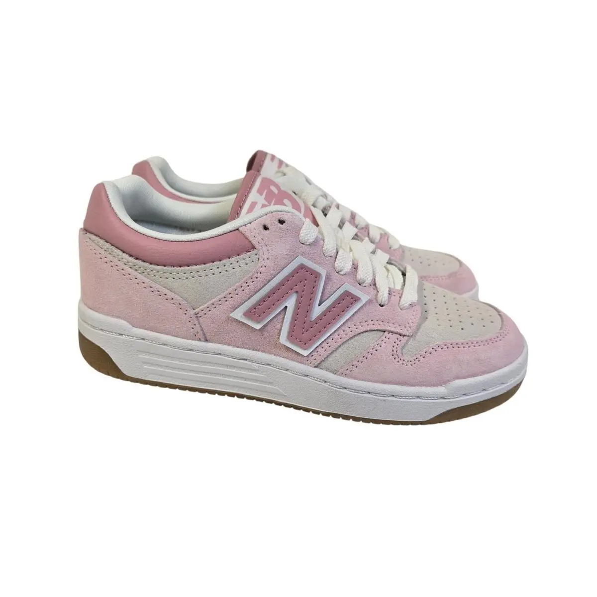 New Balance Kids 480 Lace Sneaker Pink White Suede Gum Sole GSB480PT 3.5Y