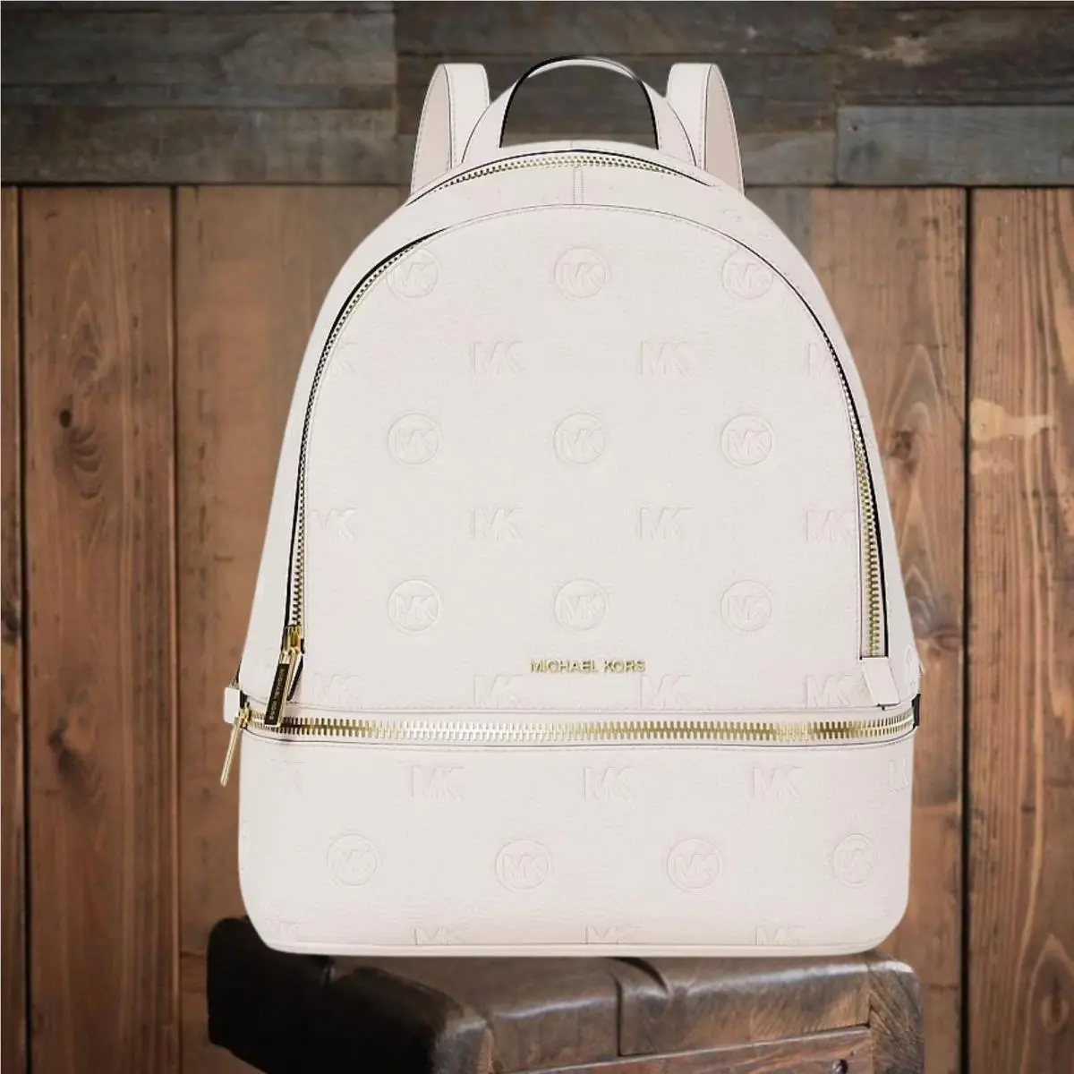 Michael Kors Rhea Women Medium Logo Debossed Zip School Backpack Light Cream