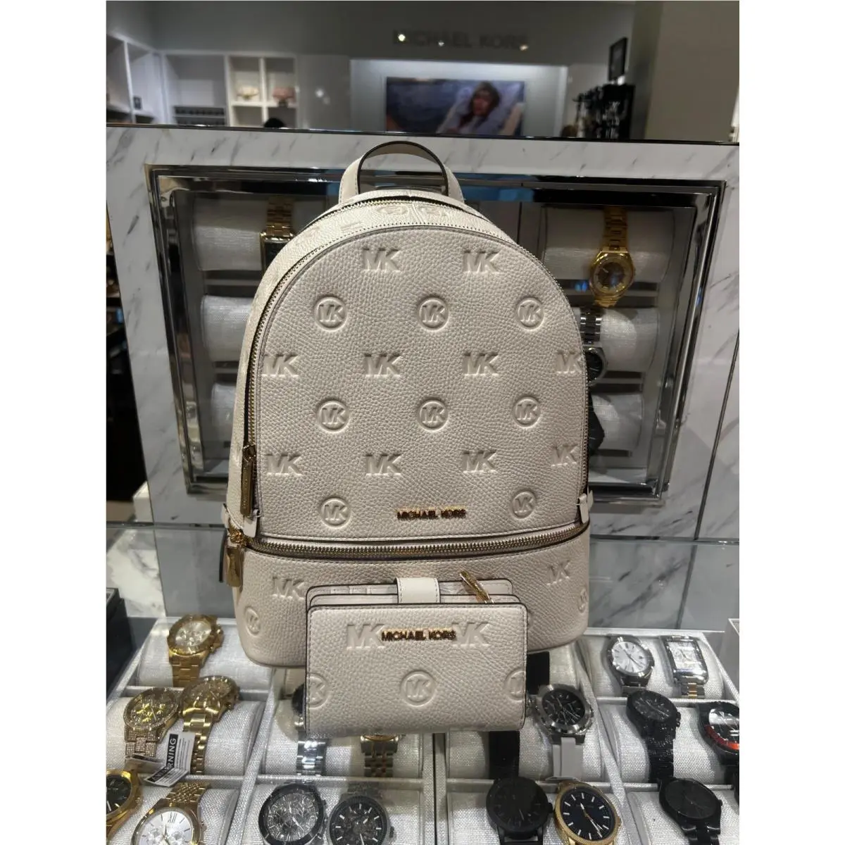 Michael Kors Rhea Women Medium Logo Debossed Zip School Backpack Light Cream