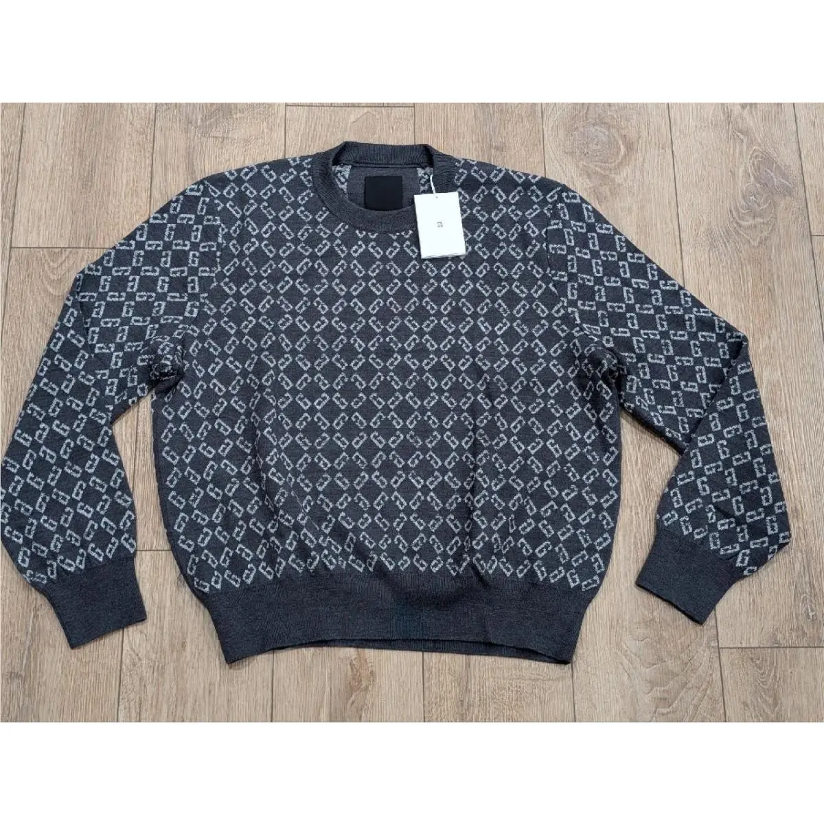 Mens Givenchy G Patterned Wool Blend Crew Neck Sweater Medium Gray 2XL