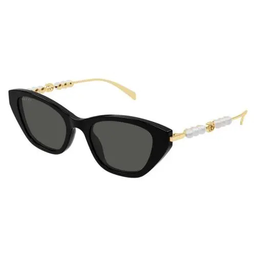 Gucci GG1968S 001 Black Cat Eye Sunglasses with Gold Pearl Bead Temples