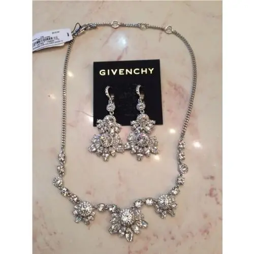 Givenchy Silver Tone Clear Crystal Cluster Necklace and Earrings