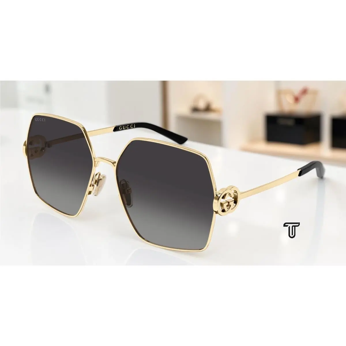 GG2163S 001 Gold Gold Grey 61 mm Rectangular Squared Women`s Sunglasses by Gucci