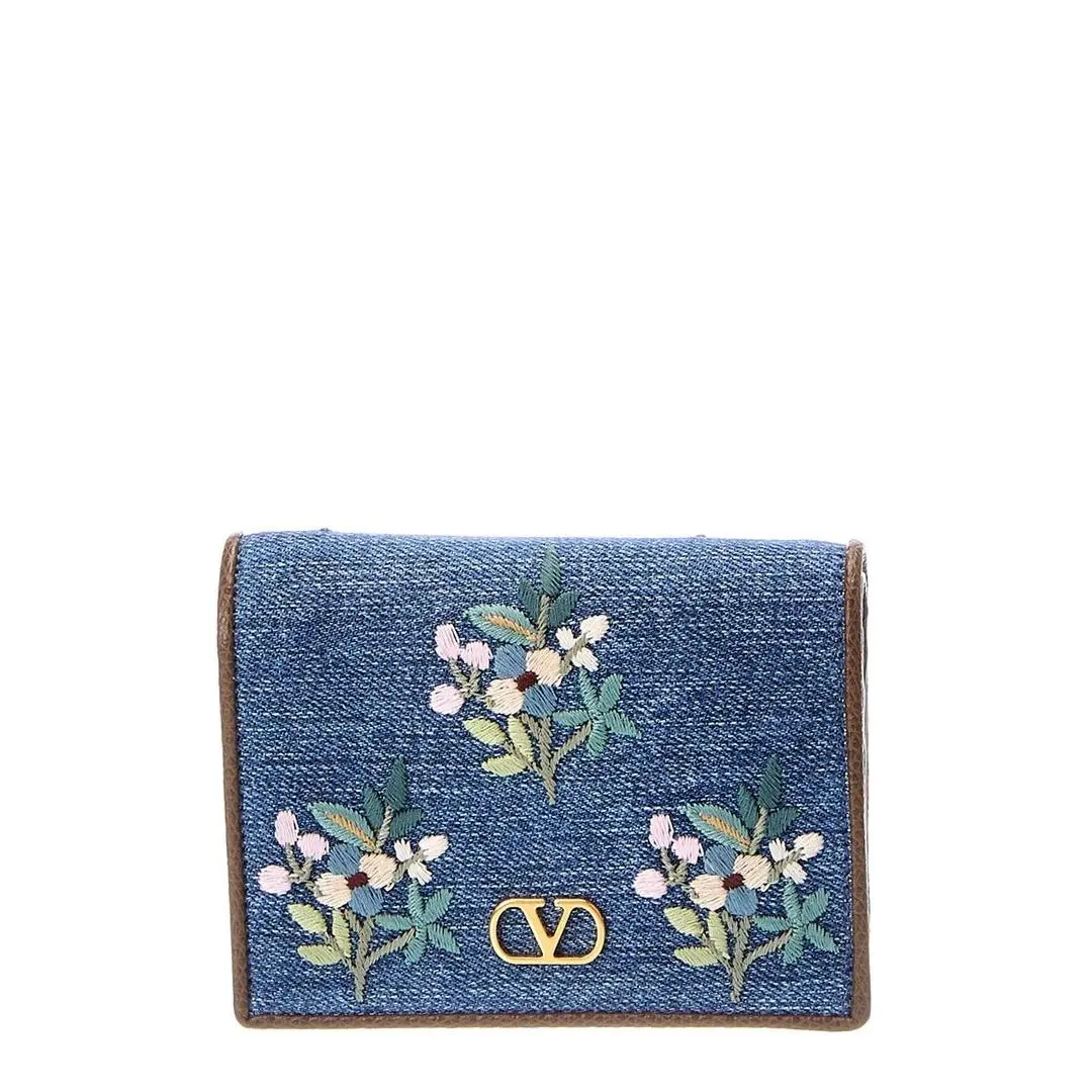 Valentino Vlogo Signature Denim Card Case Women`s Brown