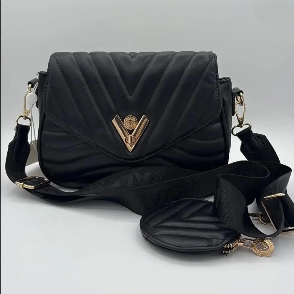 Valentino Orlandi Leather Quilted Black Crossbody with Coin Purse V-3024