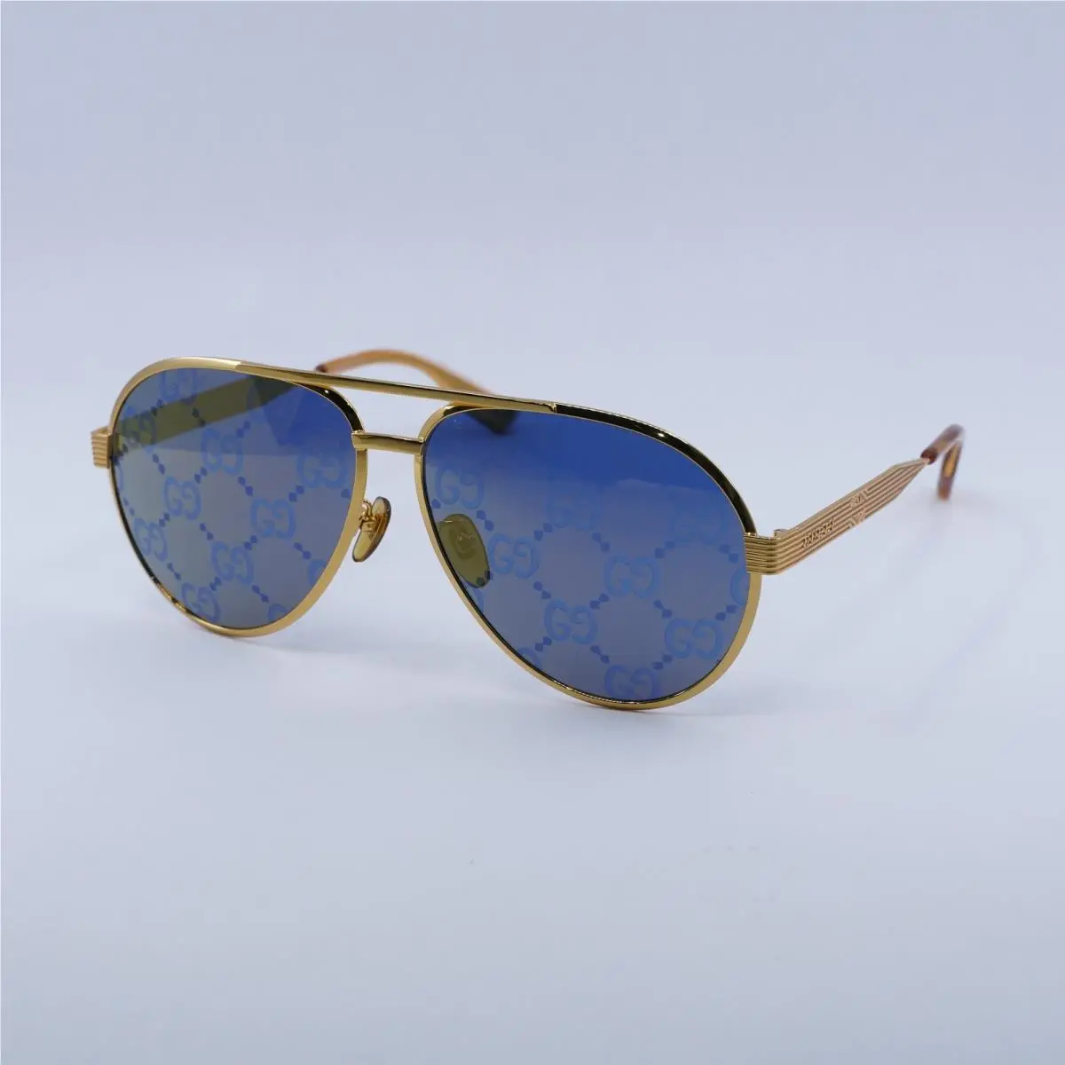 Gucci GG1513S 005 Shiny Gold/blue with Gold Logo Mirror 64-13-145 Sunglasses