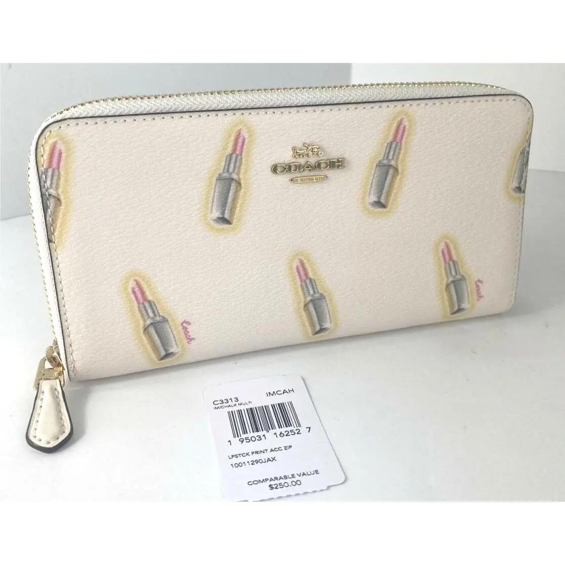 Coach Wallet C3313 Lipstick Print Zip Around Accordion Chalk White W14