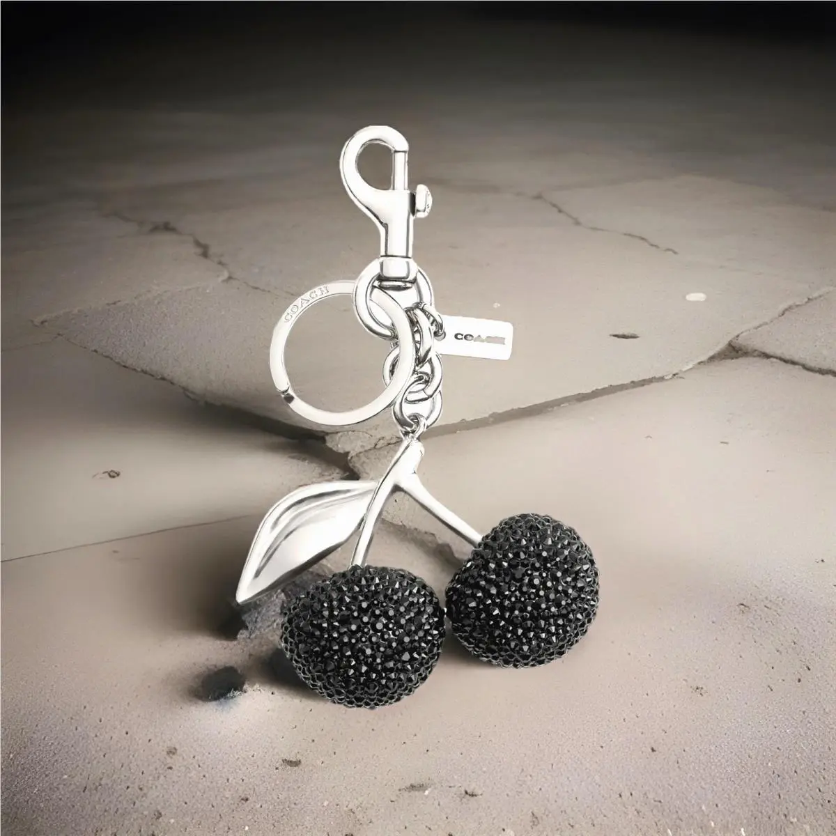 Coach Crystal 3D Cherry Metal Bag Charm Keychain Keyring In Black/ Silver