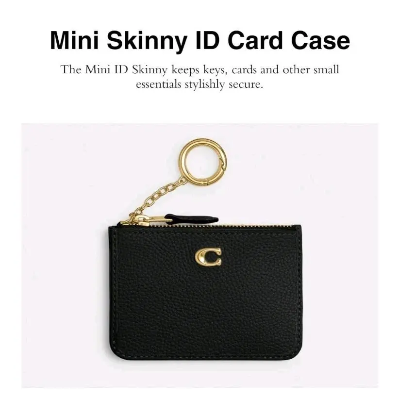 Coach Mini Skinny ID Case Wallet Key Chain Black Simple Logo/leather Nip