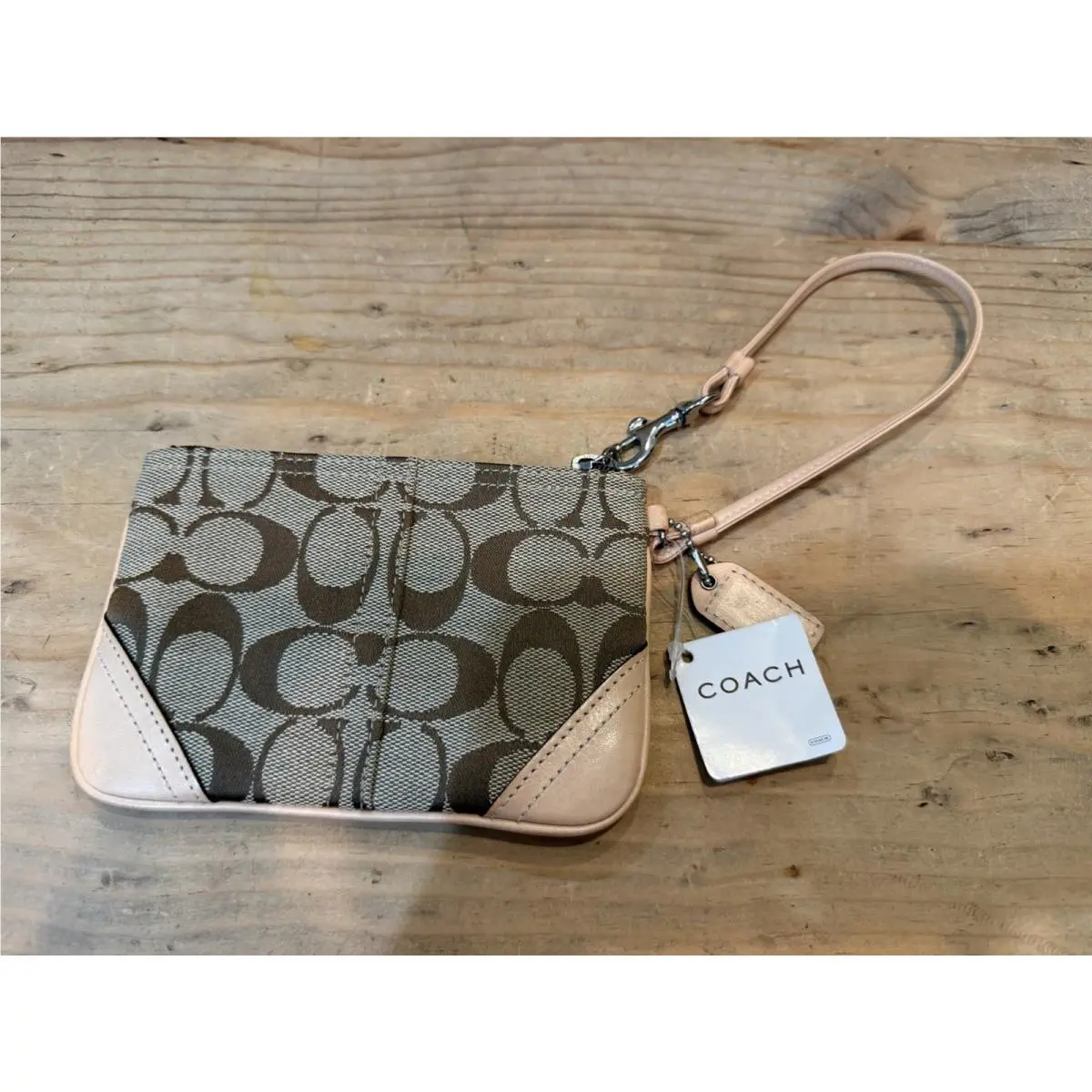 Coach Corner Zip Wristlet Signature Canvas Tan/beige Leather Trim Nos