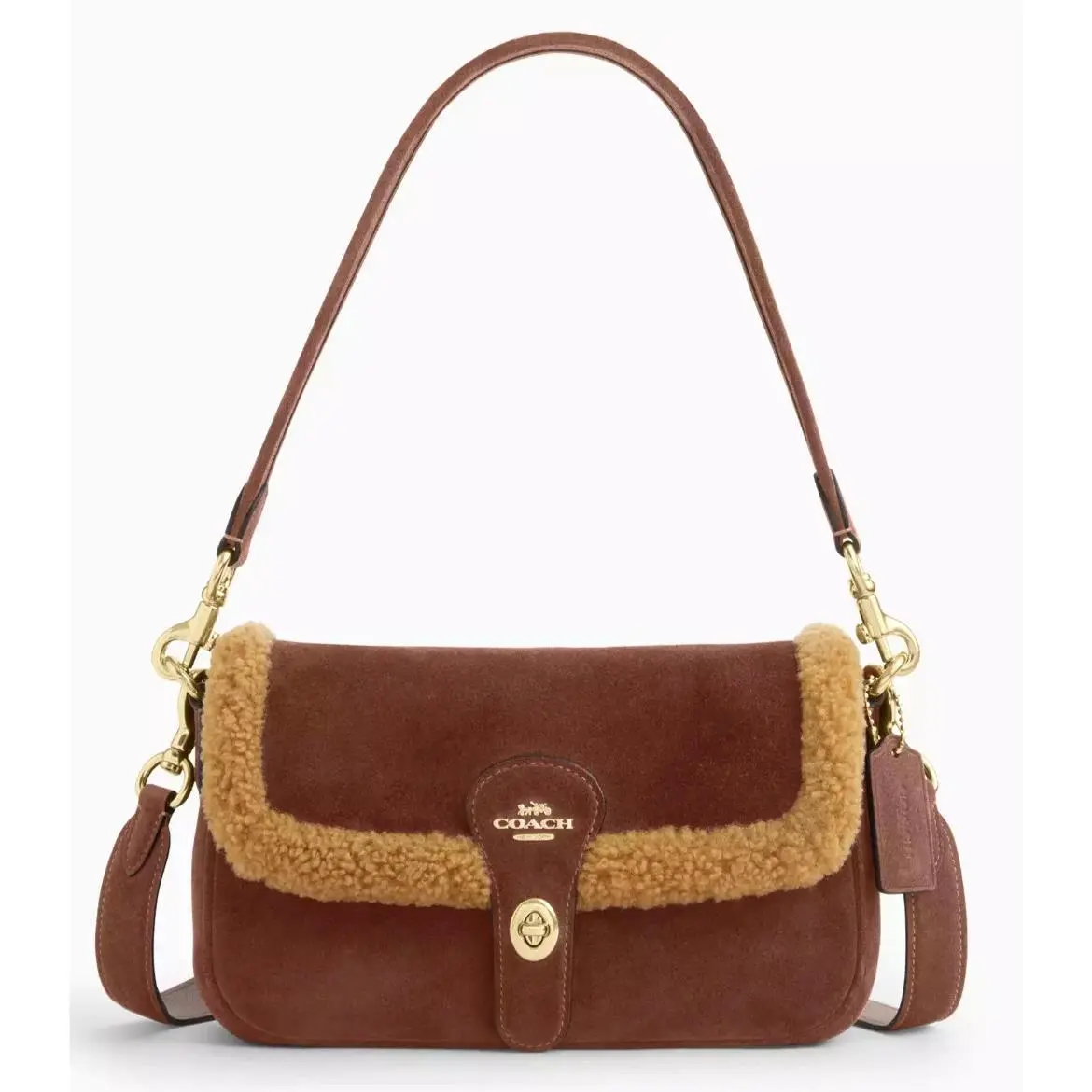 Coach Hadley Shoulder X-body Bag CDL68 Shearling In Vintage Brown Suede Gold