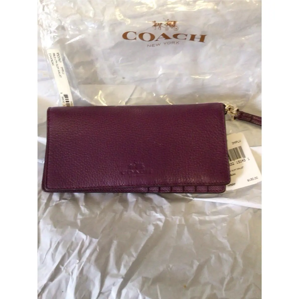 Coach Slim Folding Wallet Plum Pebbled Leather F53767 Ret. 150.00