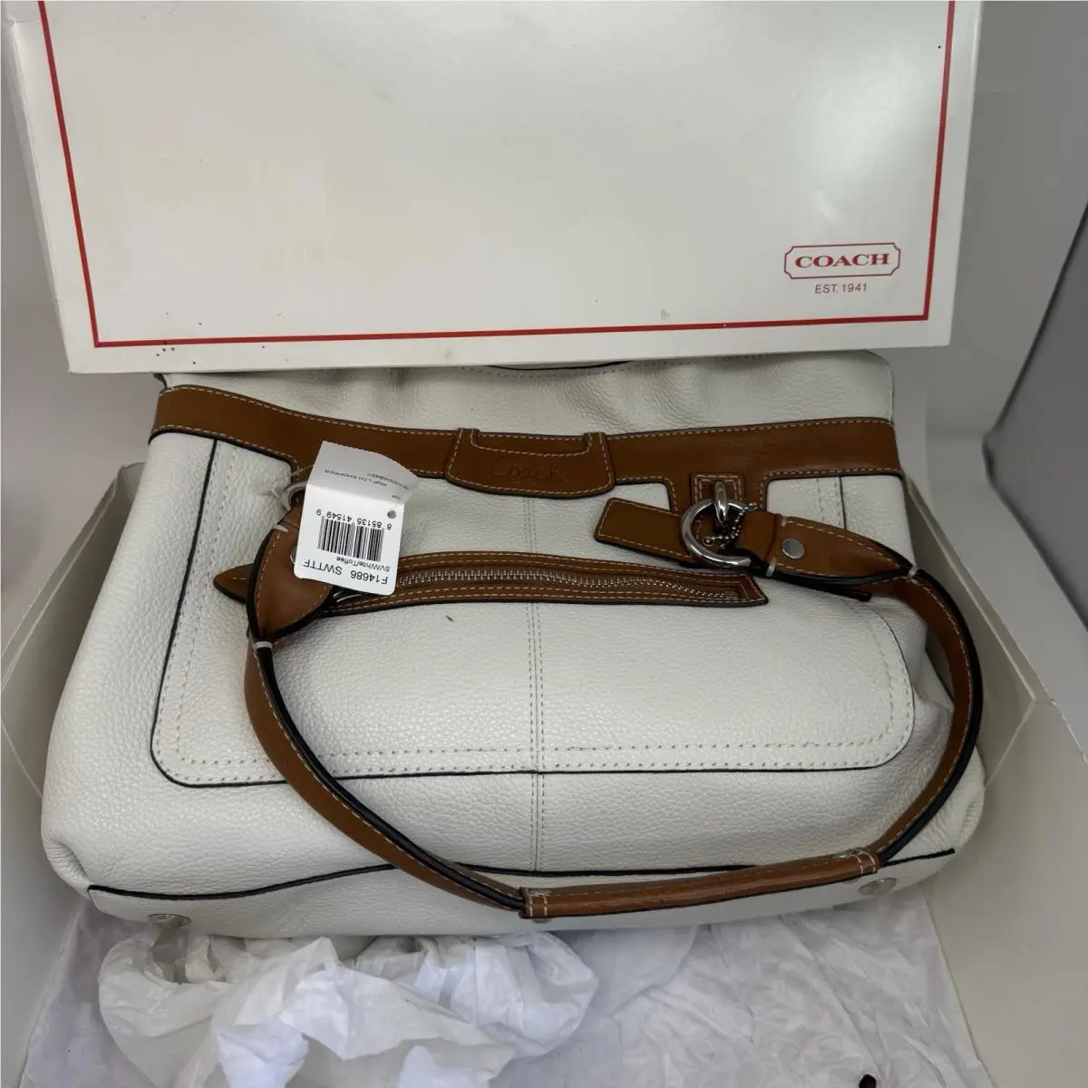 Coach Penelope F14686 White Toffee Pebbled Leather Shopper Tote Shoulder Bag