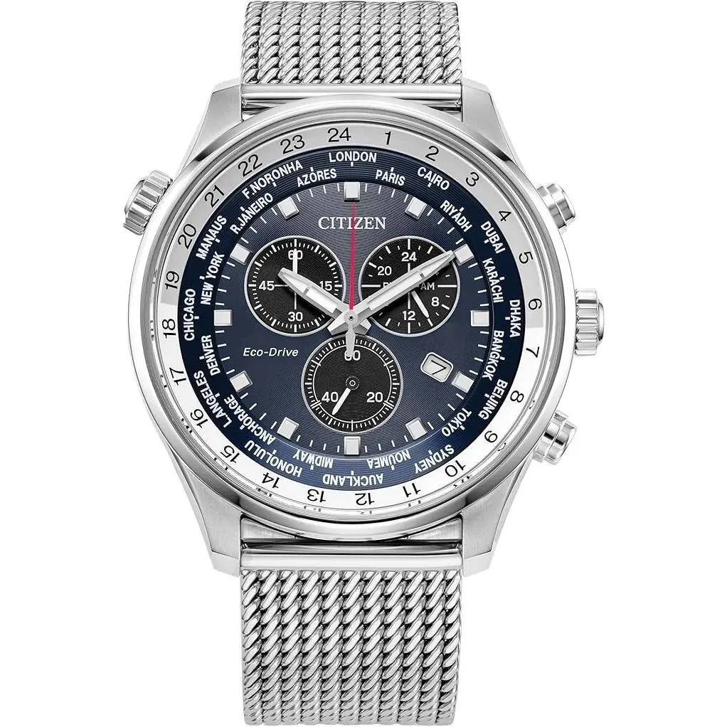 Citizen Eco-drive Chronograph Blue Dial Mesh Band Men`s Watch AT0368-82L