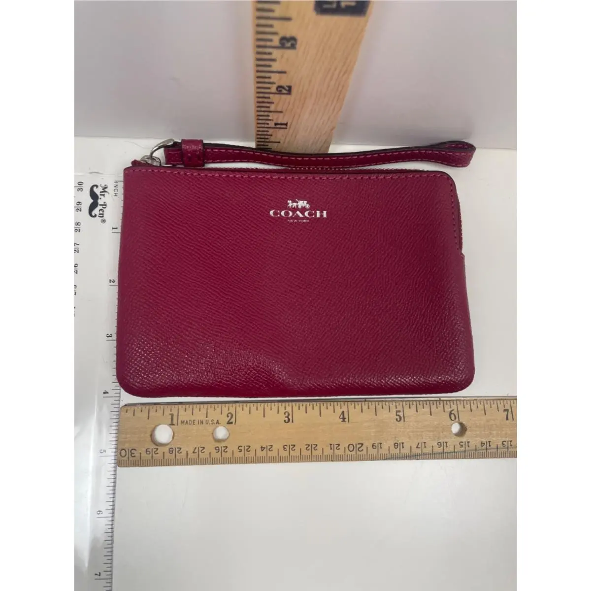 Coach Leather Wristlet Dark Fuchsia Wine Red Zip Pouch Card Holder F58032
