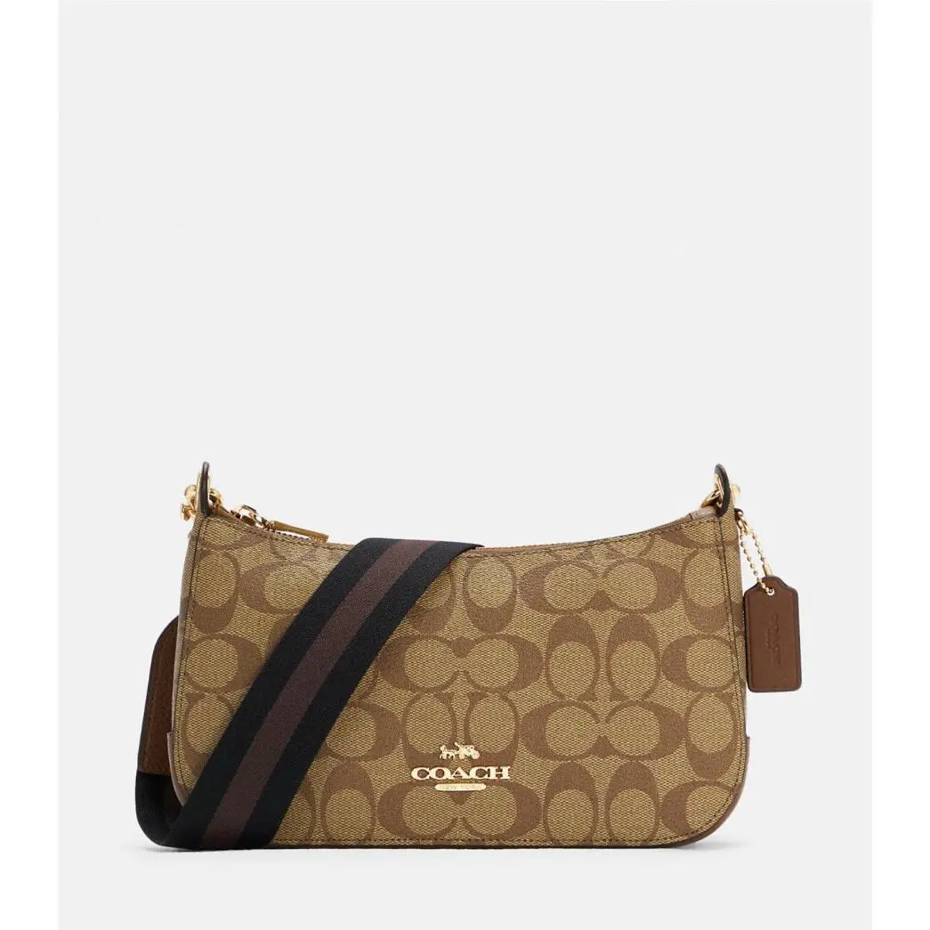 Coach Jes Baguette Shoulder Crossbody Bag Sig Canvas Gold/khaki Saddle