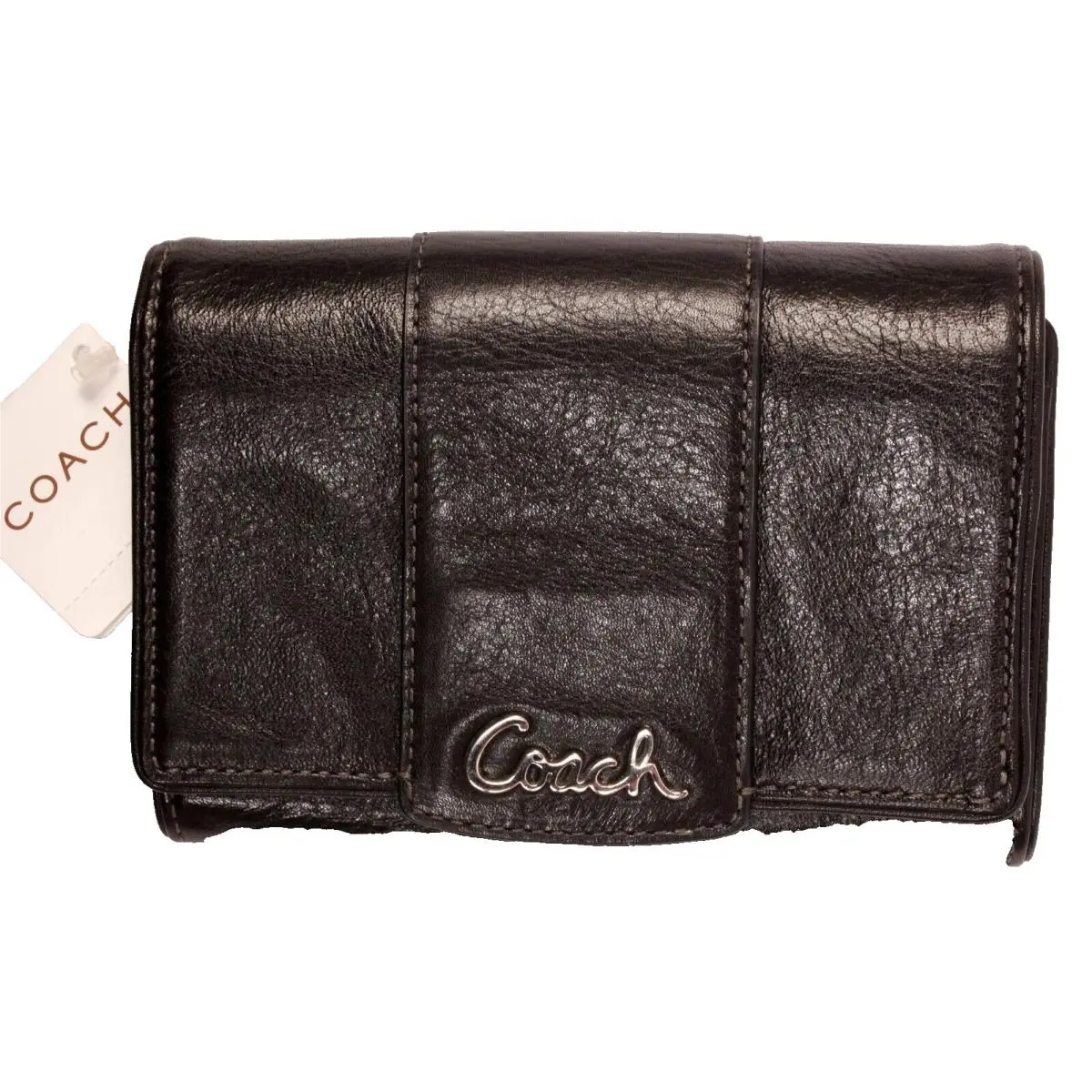 Coach Leather Compact Clutch Wallet Black with Silver Pink Lining