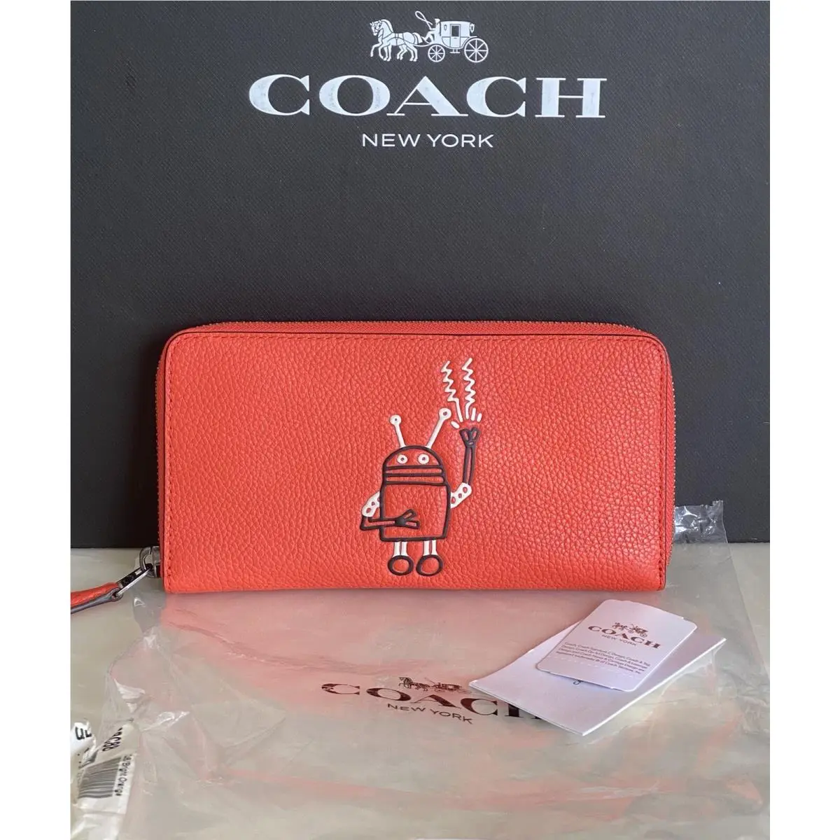 Coach X Keith Haring Bright Orange Leather Robut Zip Accordion Wallet 11805
