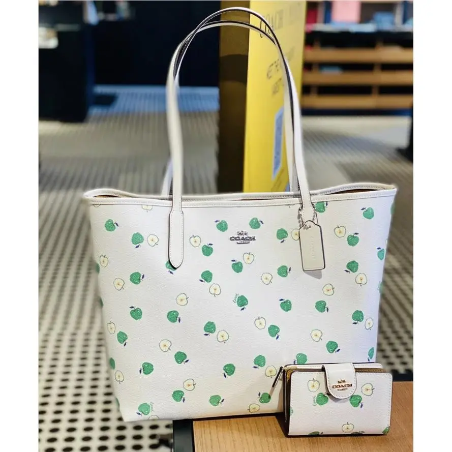 Coach City Tote with Apple Print and Matching Medium Corner Zip Wallet