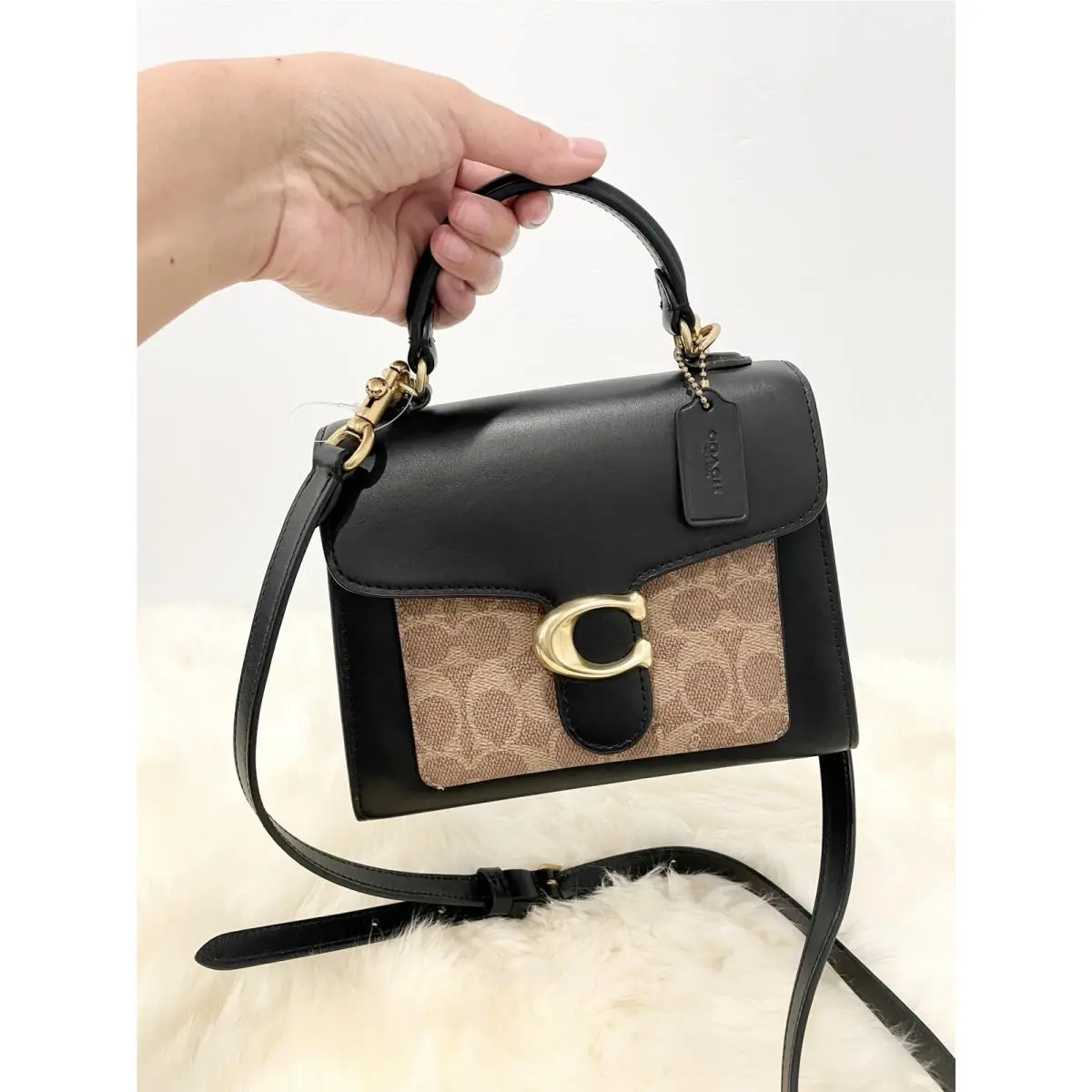 Coach Tabby Top Handle 20 Sig Canvas Leather Crossbody Satchel Bag Tan Blk