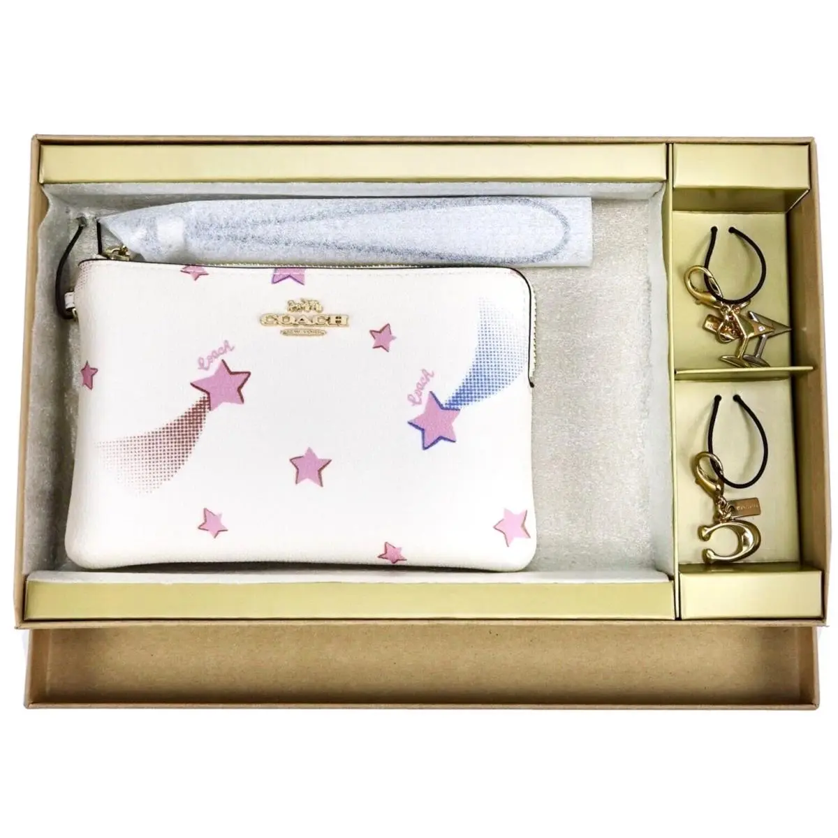 Coach Wristlet Wallet Corner Zip White Pink Disco Stars Charms Boxed Gift Set