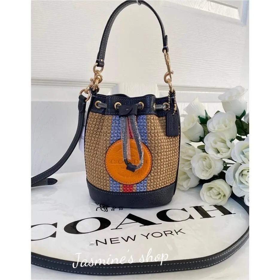 Coach C9955 Mini Dempsey Bucket Bag W Coach Patch in Straw Leather Natural