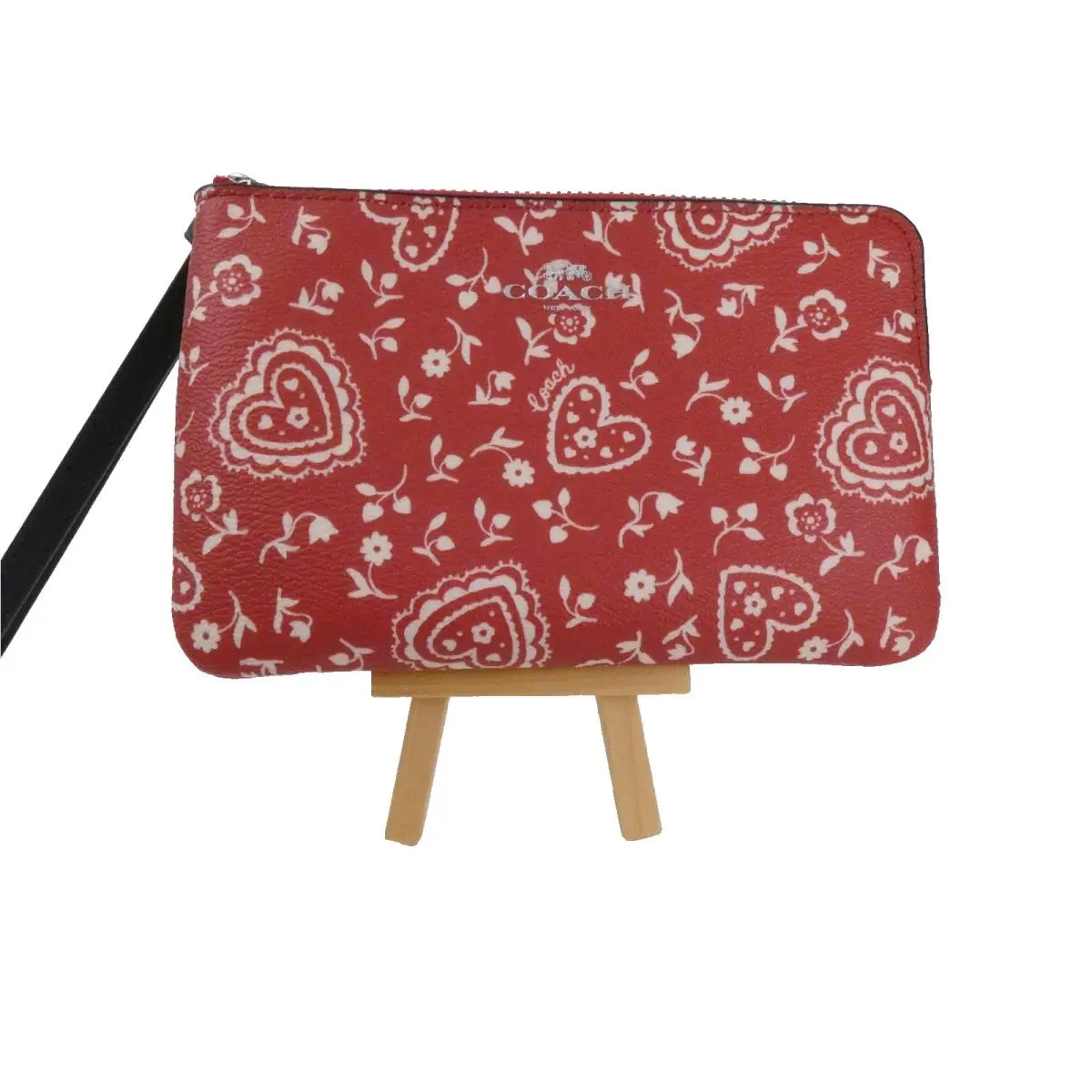 Coach Wristlet Wallet Red Lace Hearts Zip with Wrist Strap in Coach Box
