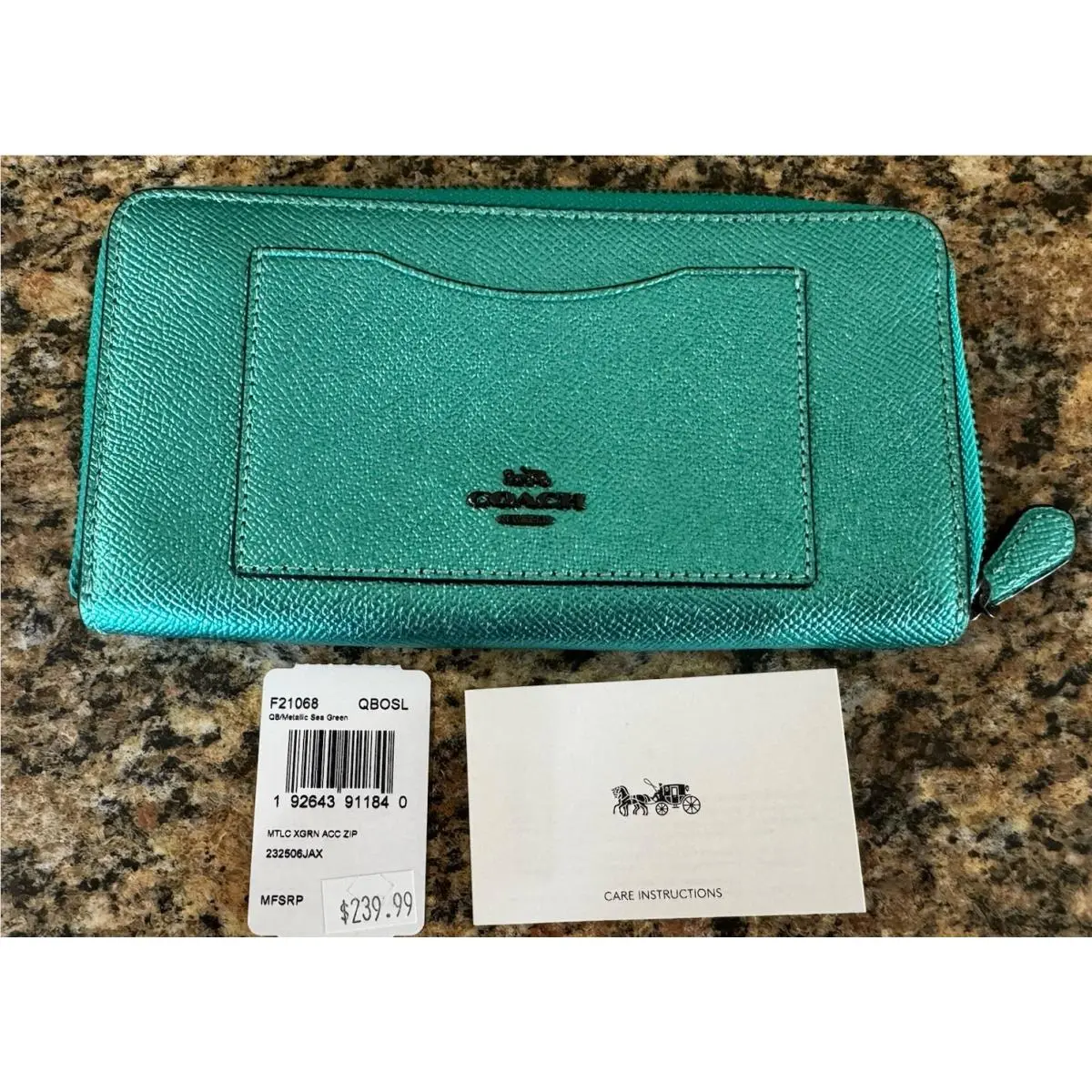 Coach Mermaid Teal Crossgrain Accordion Zip Around Leather Wallet Metallic