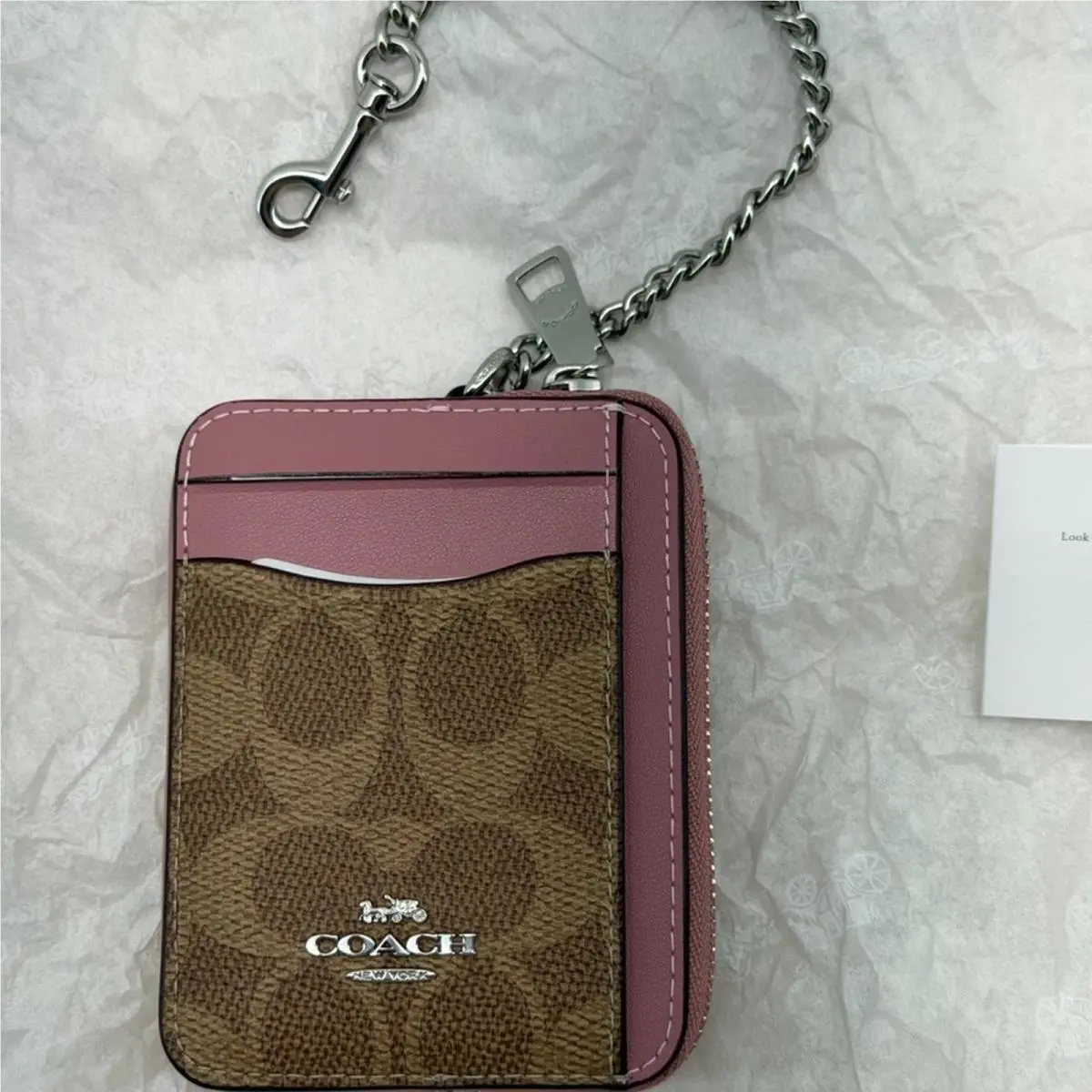 Coach Pink and Brown Card Holder Coin Purse with Chain Attachment