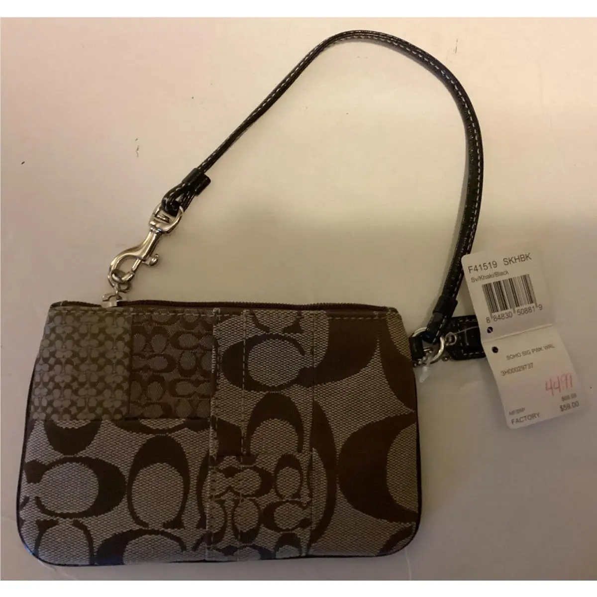 Coach Soho Signature Wristlet in Khaki Black 6.25 x 4 F41519 Skhbk