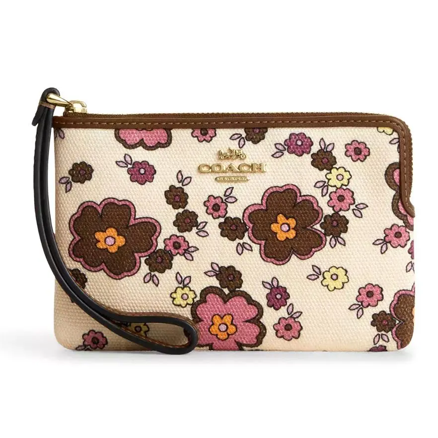 Coach Corner Zip Wristlet - CEF85 Chestnut Tropical Floral Canvas Print