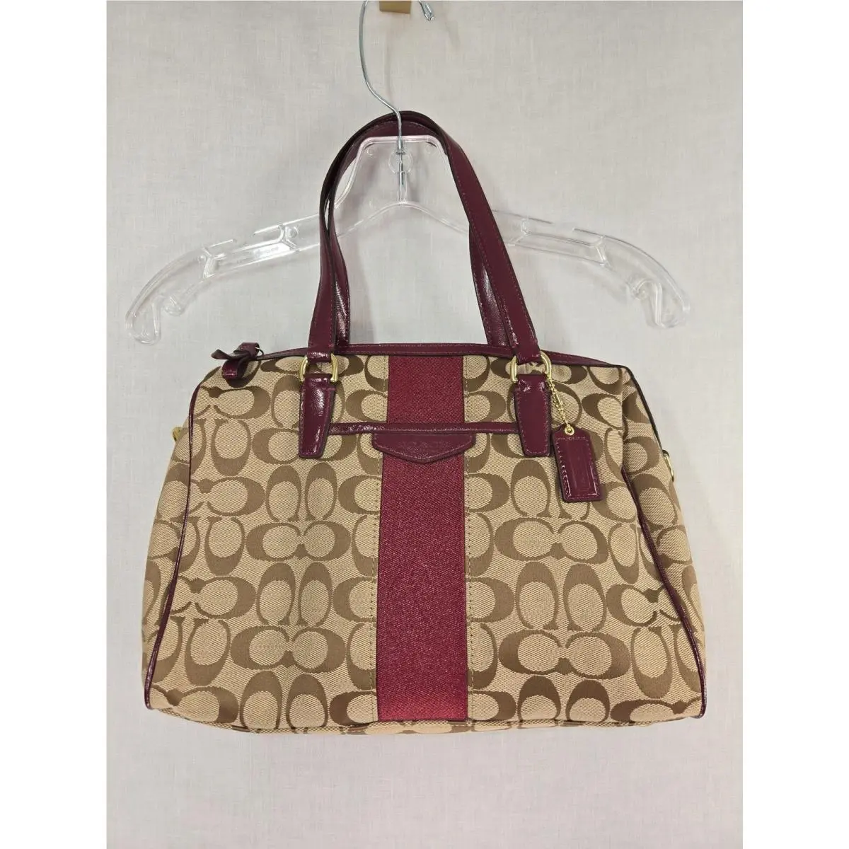 Coach Signature Khaki Jacquard Merlot Stripe Nancy Satchel Crossbody Bag Med