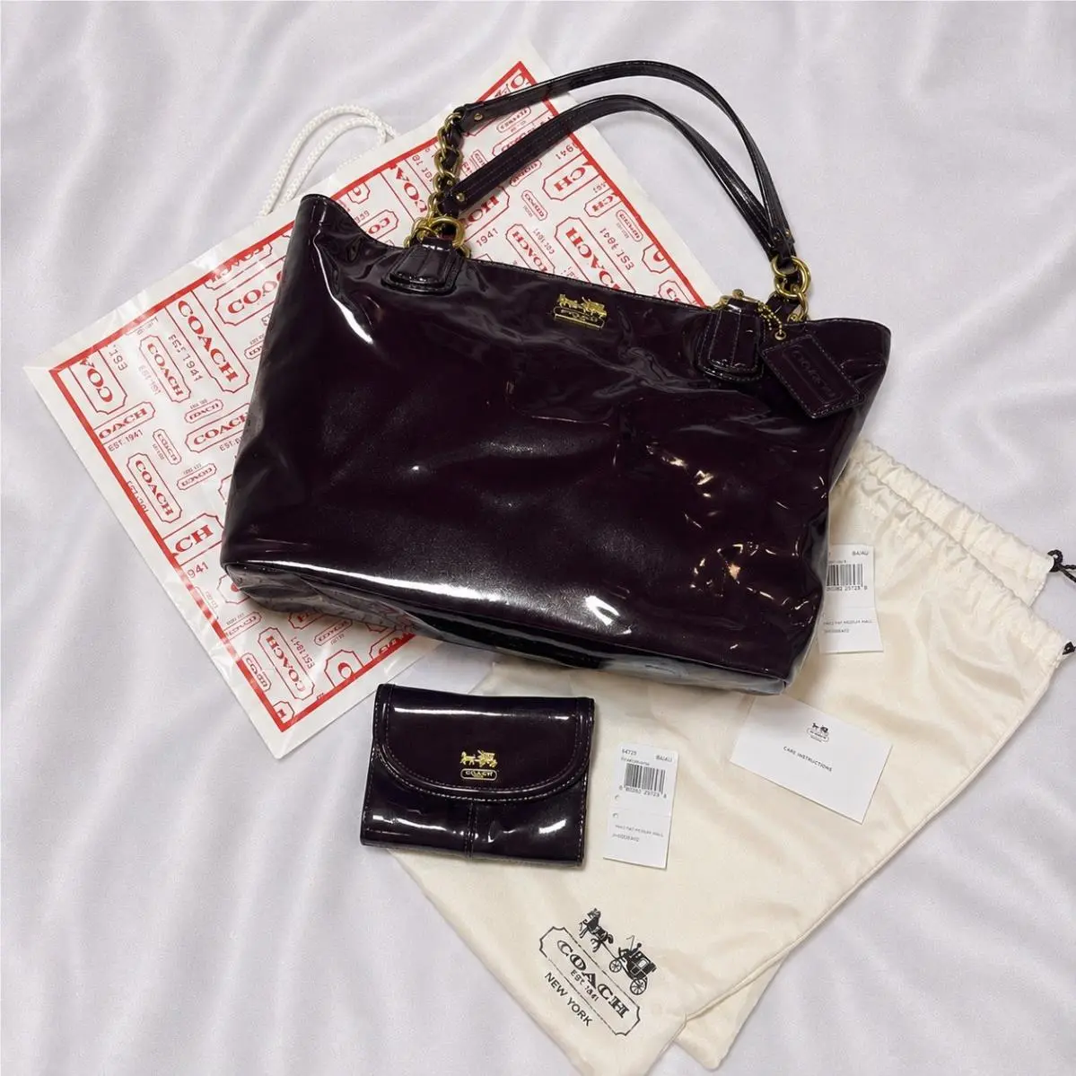 Coach Madison Aubergine Patent Leather Tote Bag A20484 w Matching Wallet Set