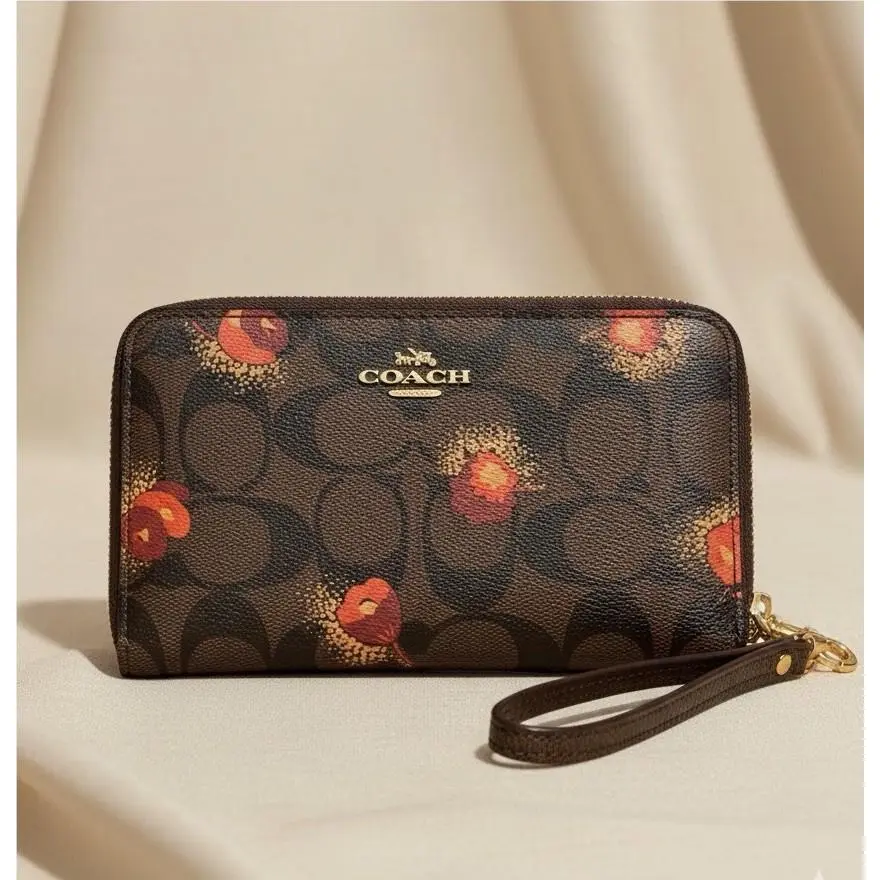 Coach Corner Zip Wristlet Wallet in Brown Signature Canvas with Pop Floral C6417