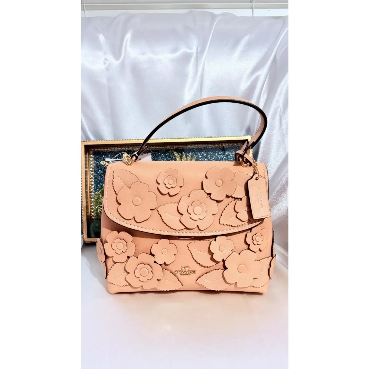 Coach Emory Top Handle Bag Handbag Purse Floral Applique Pink Gold CDY44