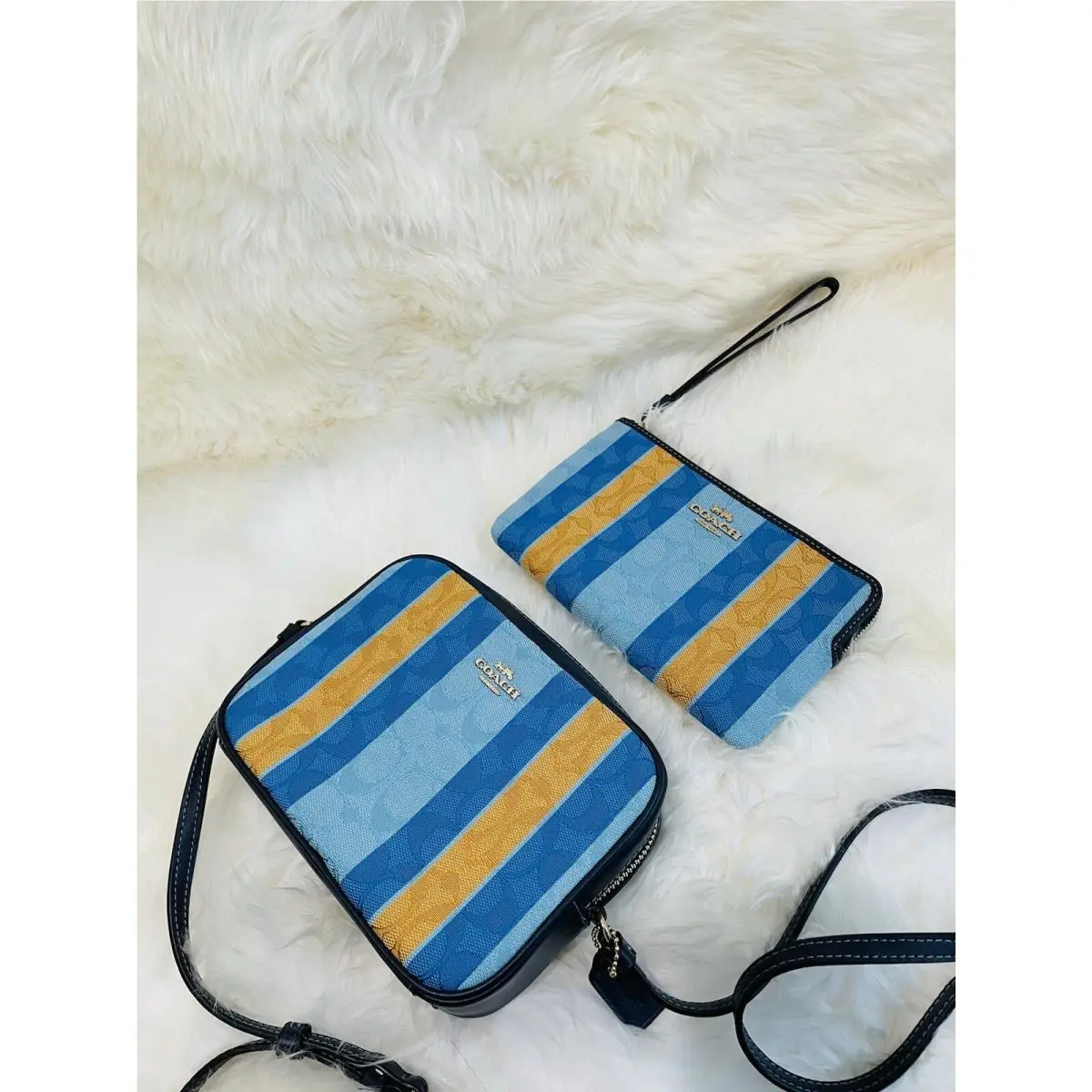 Coach Mini Camera Bag+ Large Corner Zip Wristlet In Sig Jacquard W Stripes