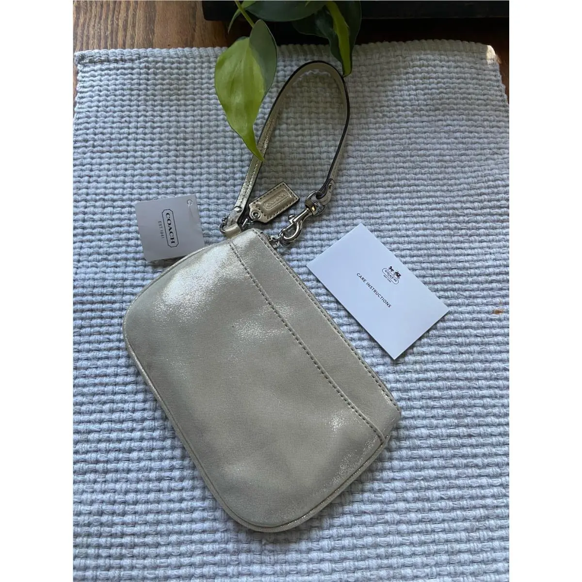 Gold Shimmer Leather Coach Wristlet with Silver Hardware Tags Clean