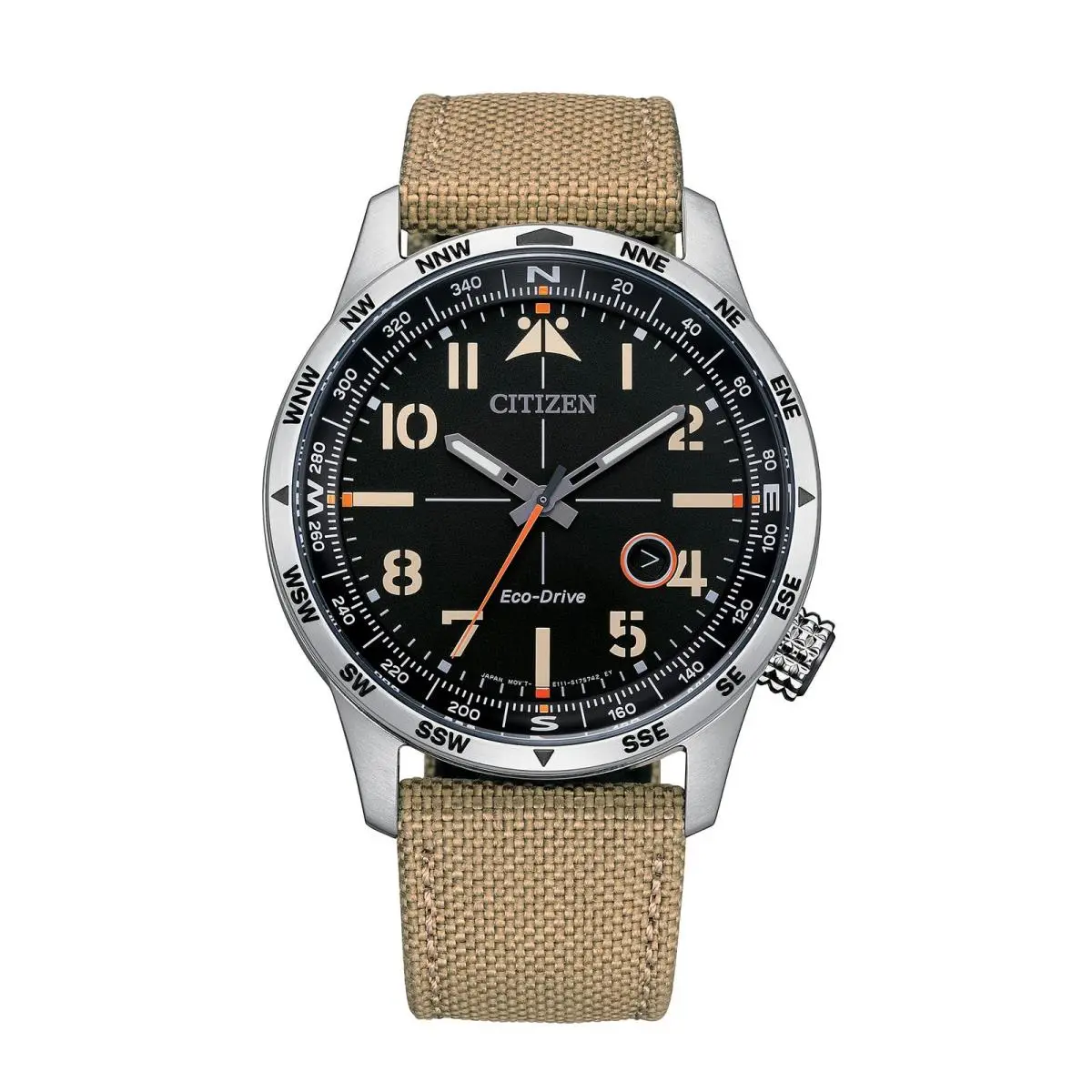 Men`s Eco-drive Avion 43mm Stainless Khaki Nylon Strap Black by Citizen