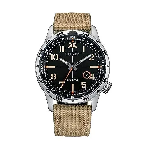 Citizen Weekender BM755001E Black Dial Beige Canvas Strap 43MM Mens Watch - Dial: Black, Band: Beige, Bezel: Silver