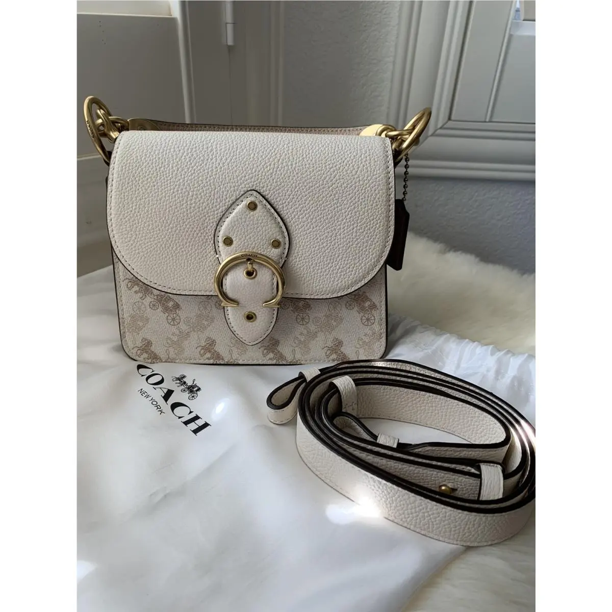 Coach Beat Shoulder Bag 18 Horse Carriage Print Brass/ Chalk Taupe