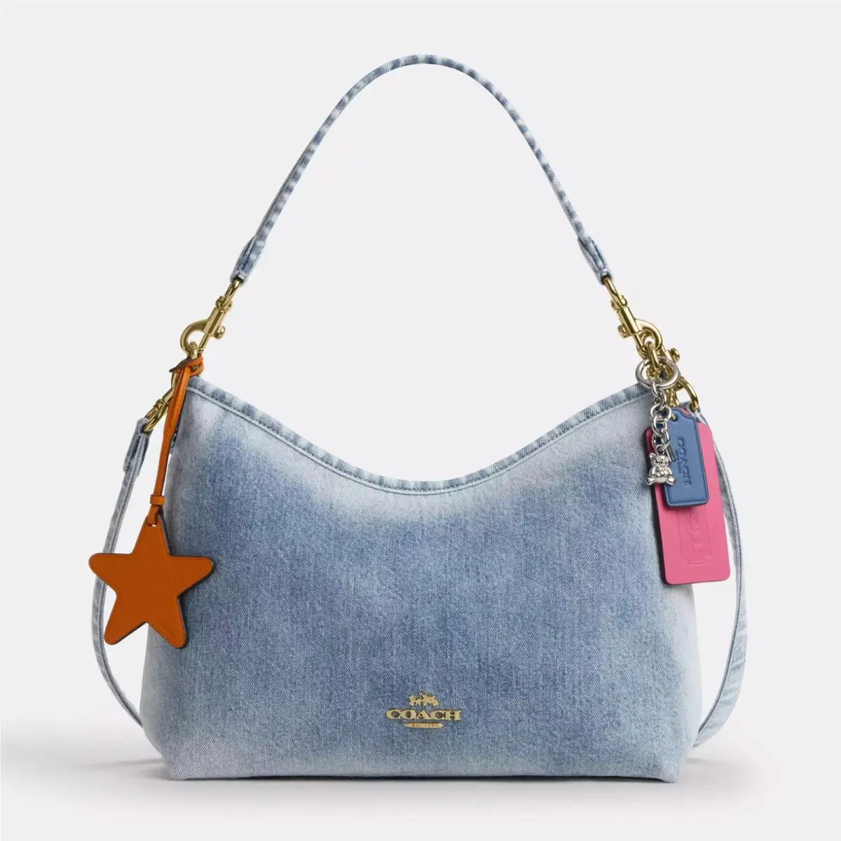 Coach CEF26 Laurel Shoulder Bag In Loved Denim with Charms Light Indigo
