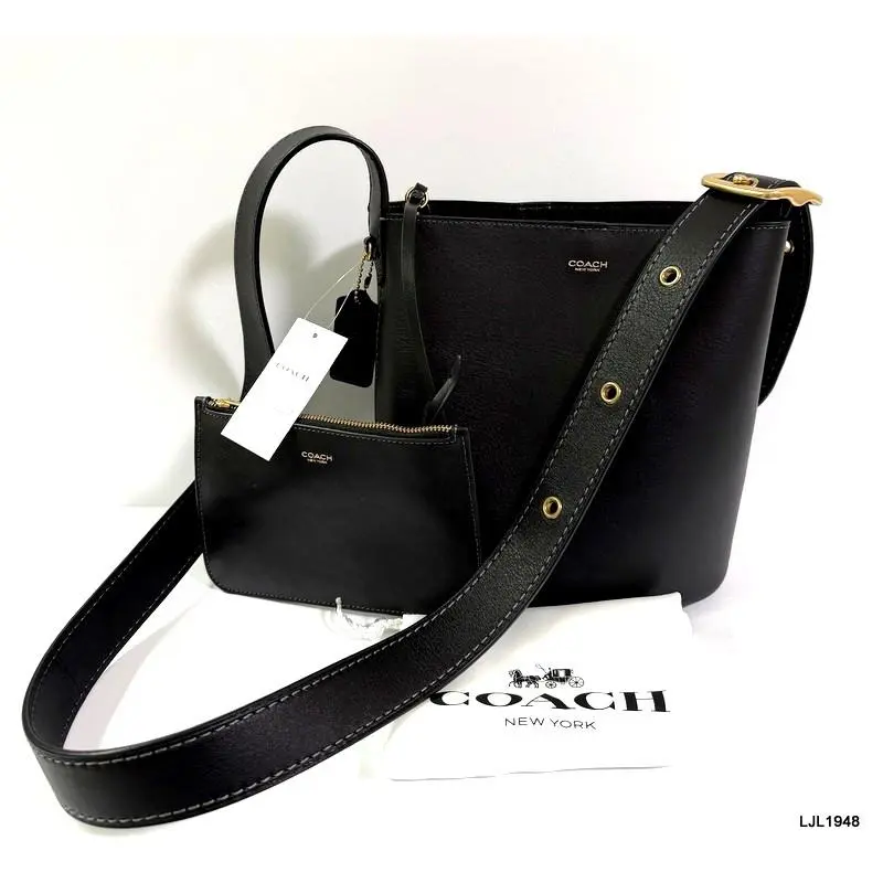 Coach Bleecker 21 Leather Bucket Bag + Pouch + Coach Dust Bag Black CCX07
