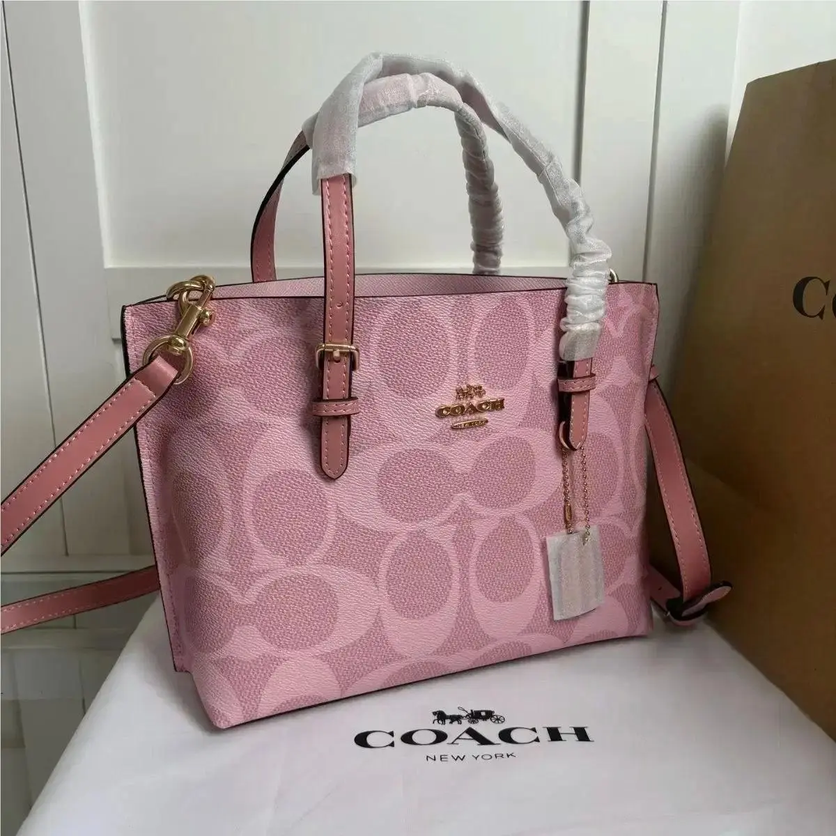 Coach CAL50 Mollie Tote Bag 25 Signature Canvas Pink Handbag Crossbody Outlet