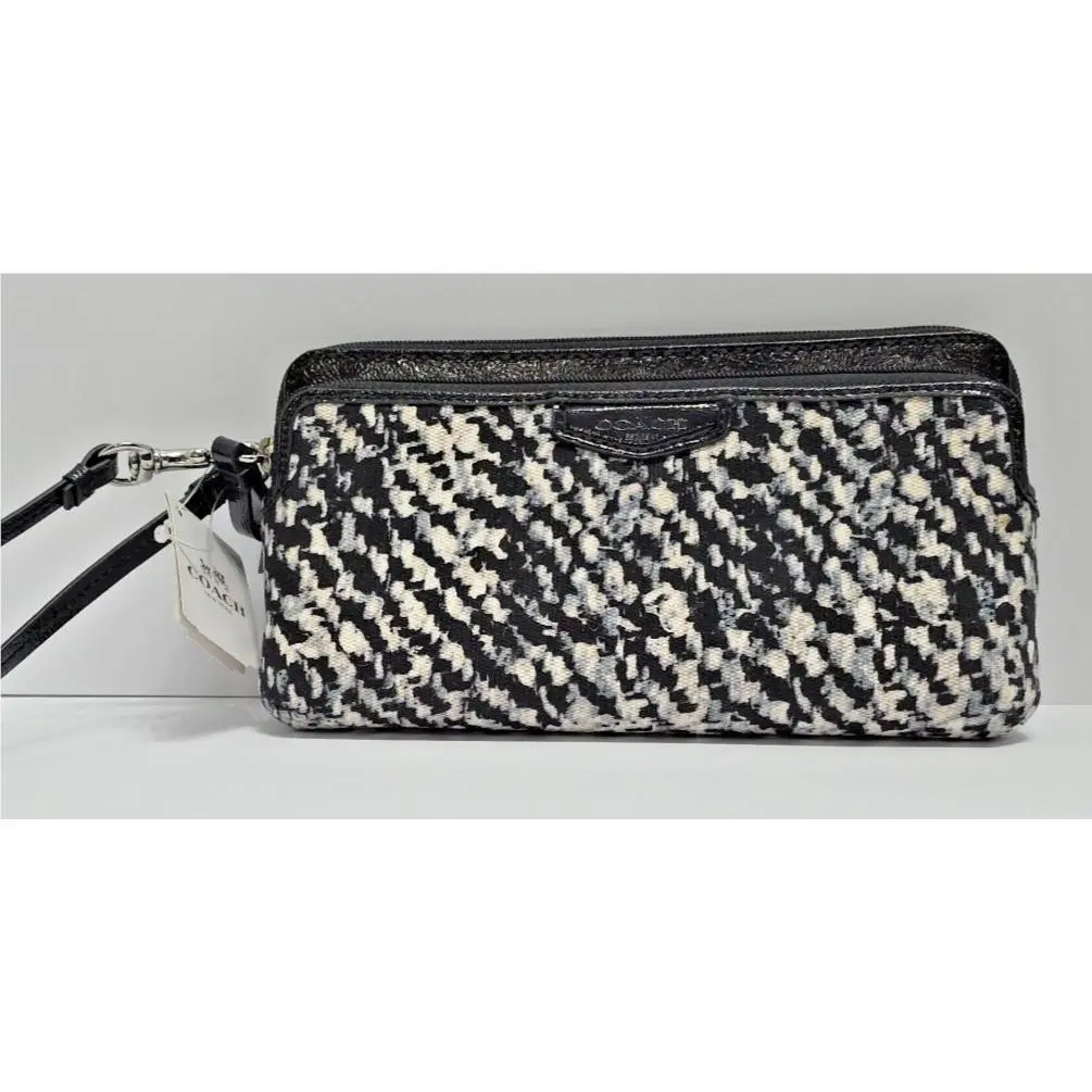 Coach Houndstooth Double Zip Wristlet Wallet Clutch Black White Chic