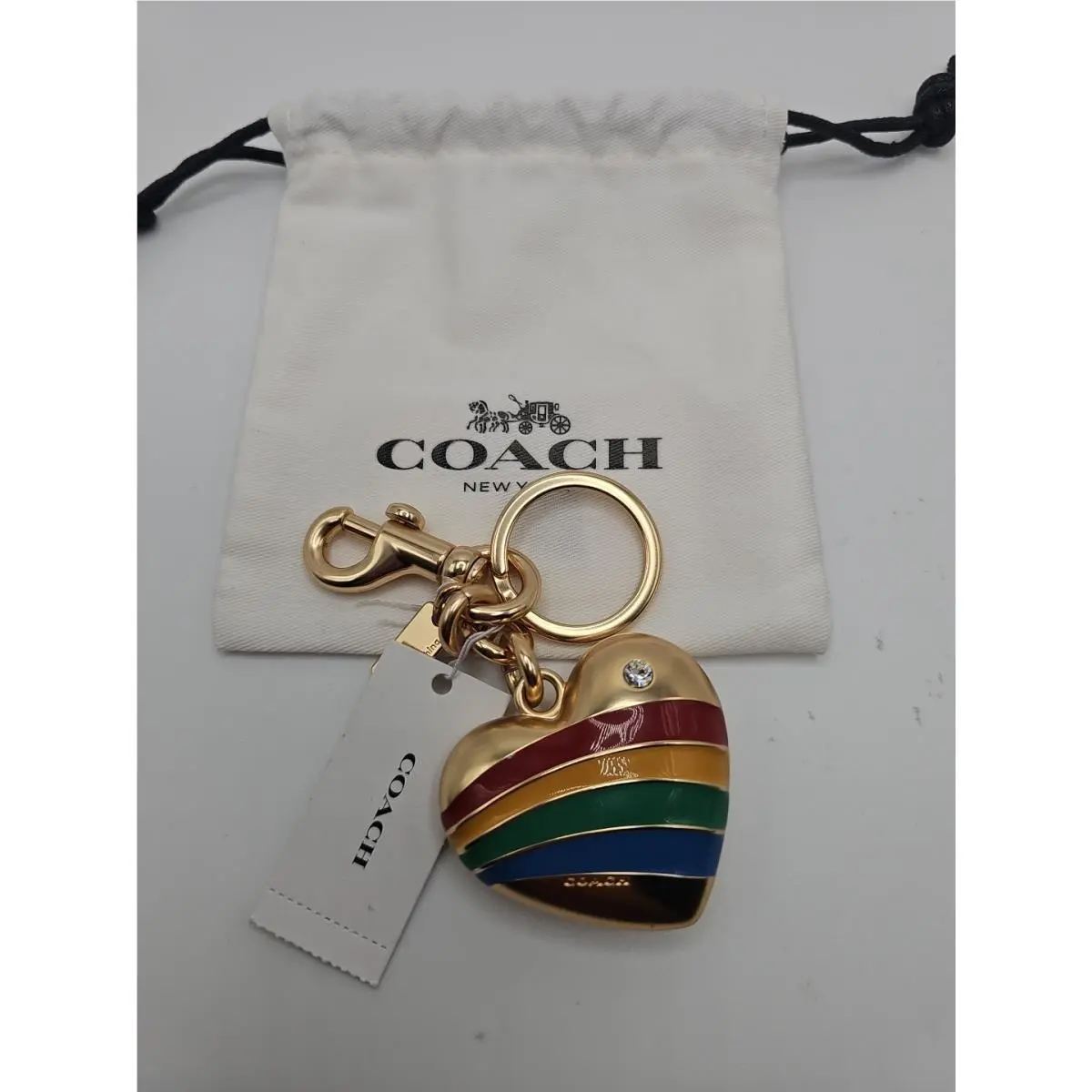 Coach Rainbow Heart Metal Enamel Bag Charm Keychain Fob CAX71 Brass Multi