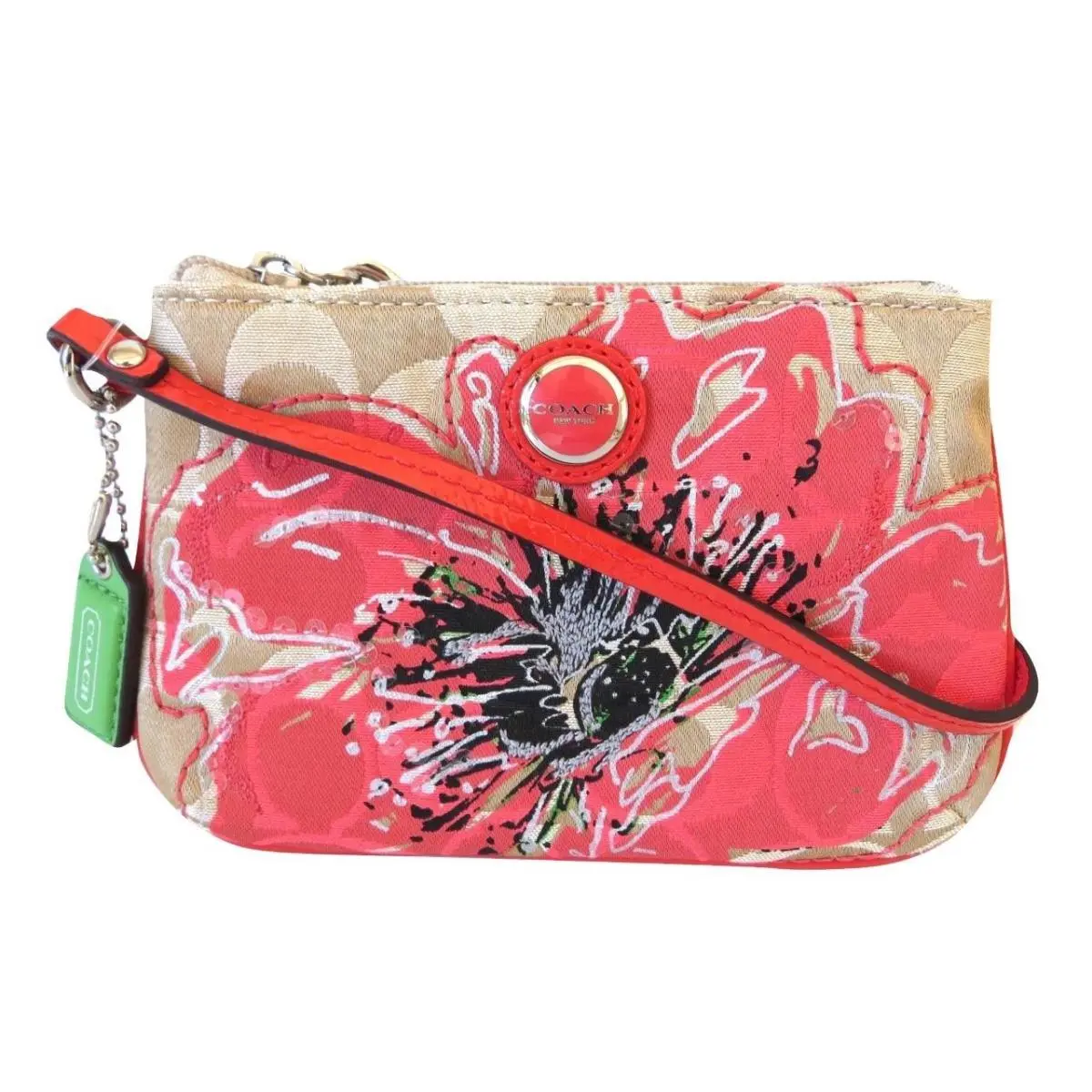 Coach Poppy Khaki Coral Flower Floral Signature Sequined Wristlet Rare