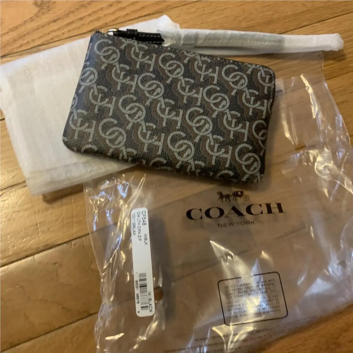 Coach Leather Corner Zip Wristlet Monogram Print Black