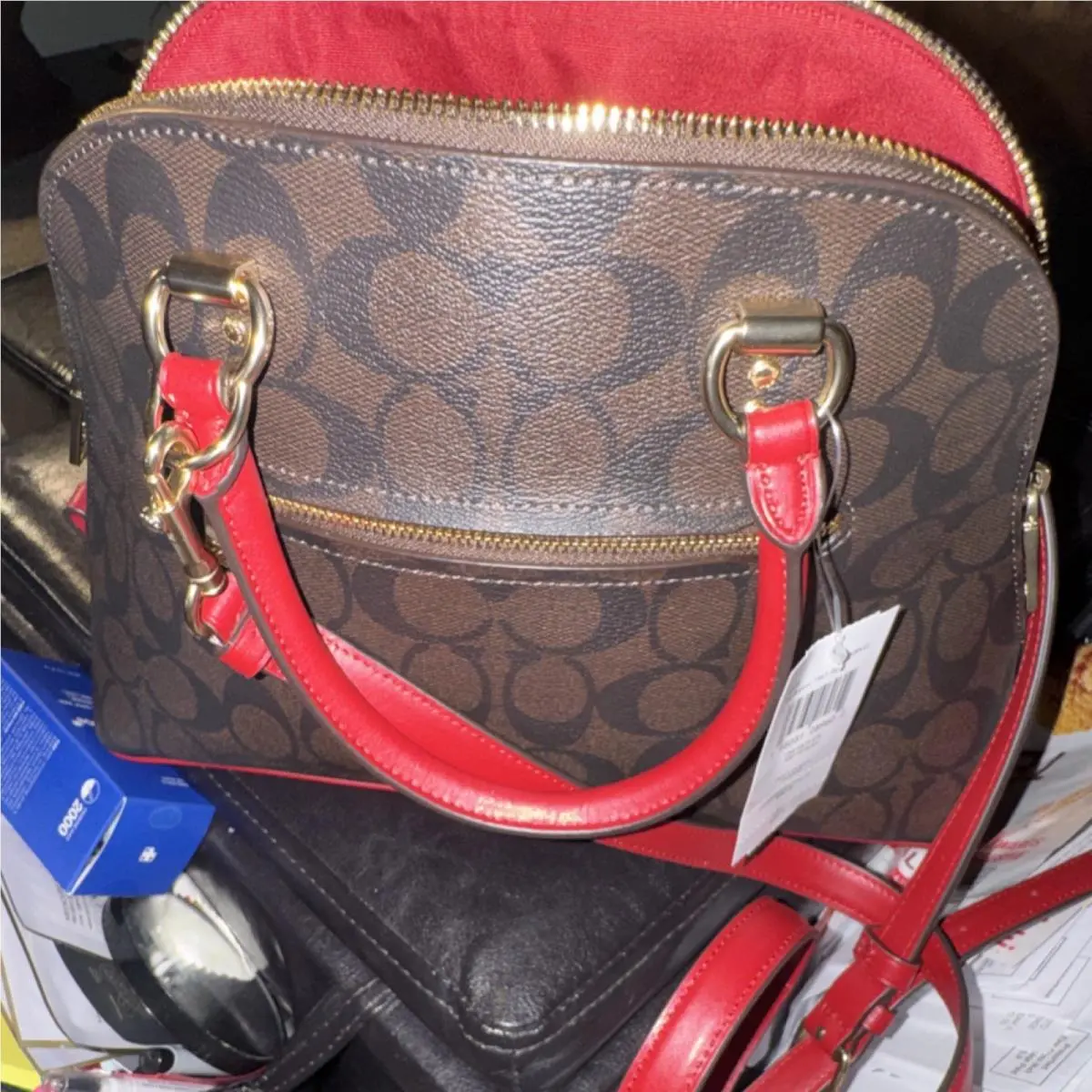 Coach Signature Logo Satchel Top Handle Zip Detachable Crossbody Brown/red